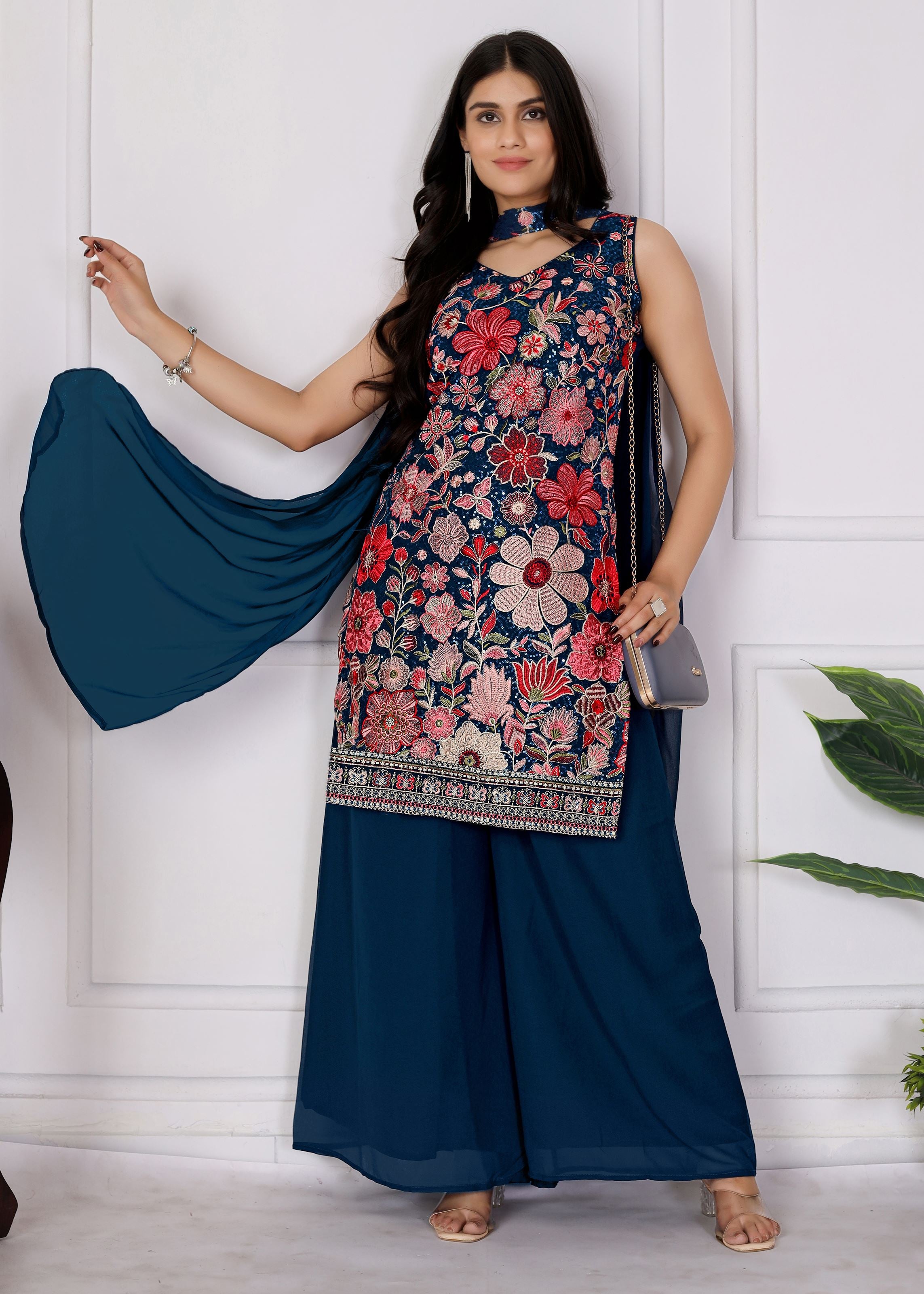 Teal Sharara Dress With Sequence Embroidered