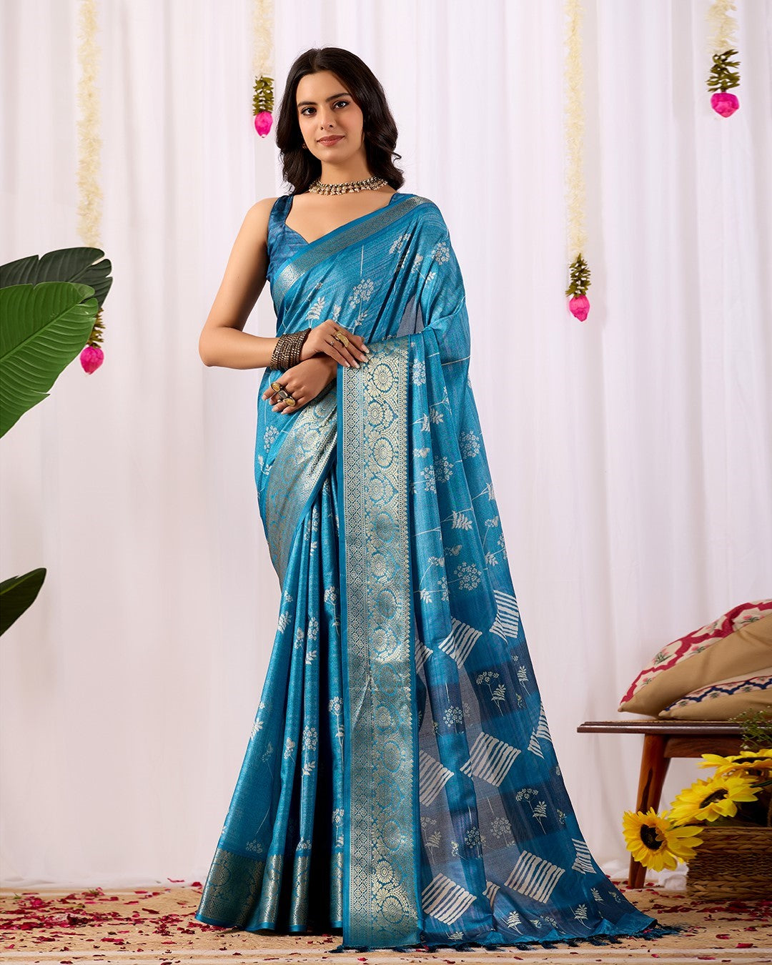 Teal Soft Lichi Silk Saree With Digital Printed Premium Designer Saree