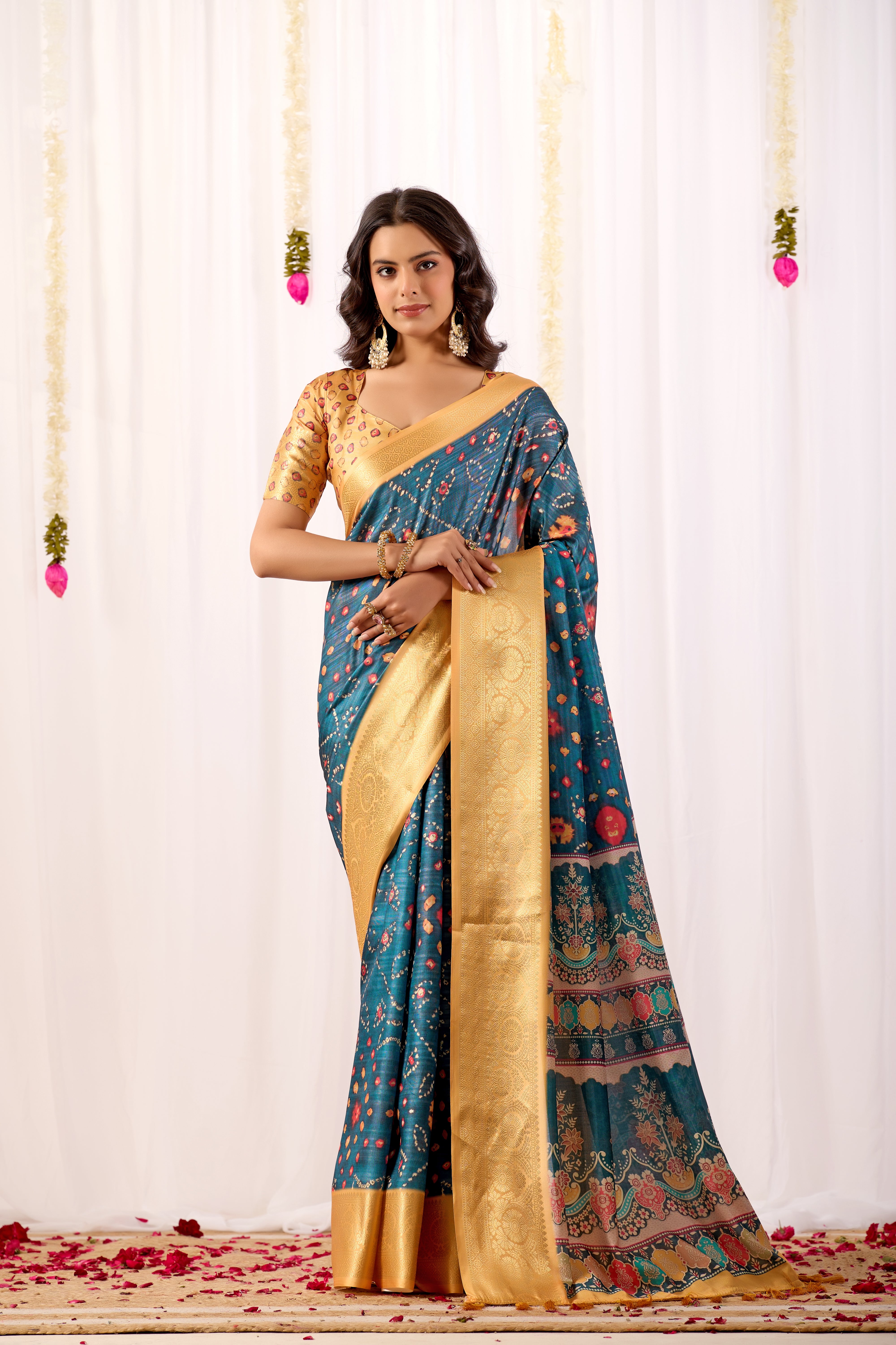 Teal Soft Lichi Silk Saree With Digital Printed Premium Festive Saree