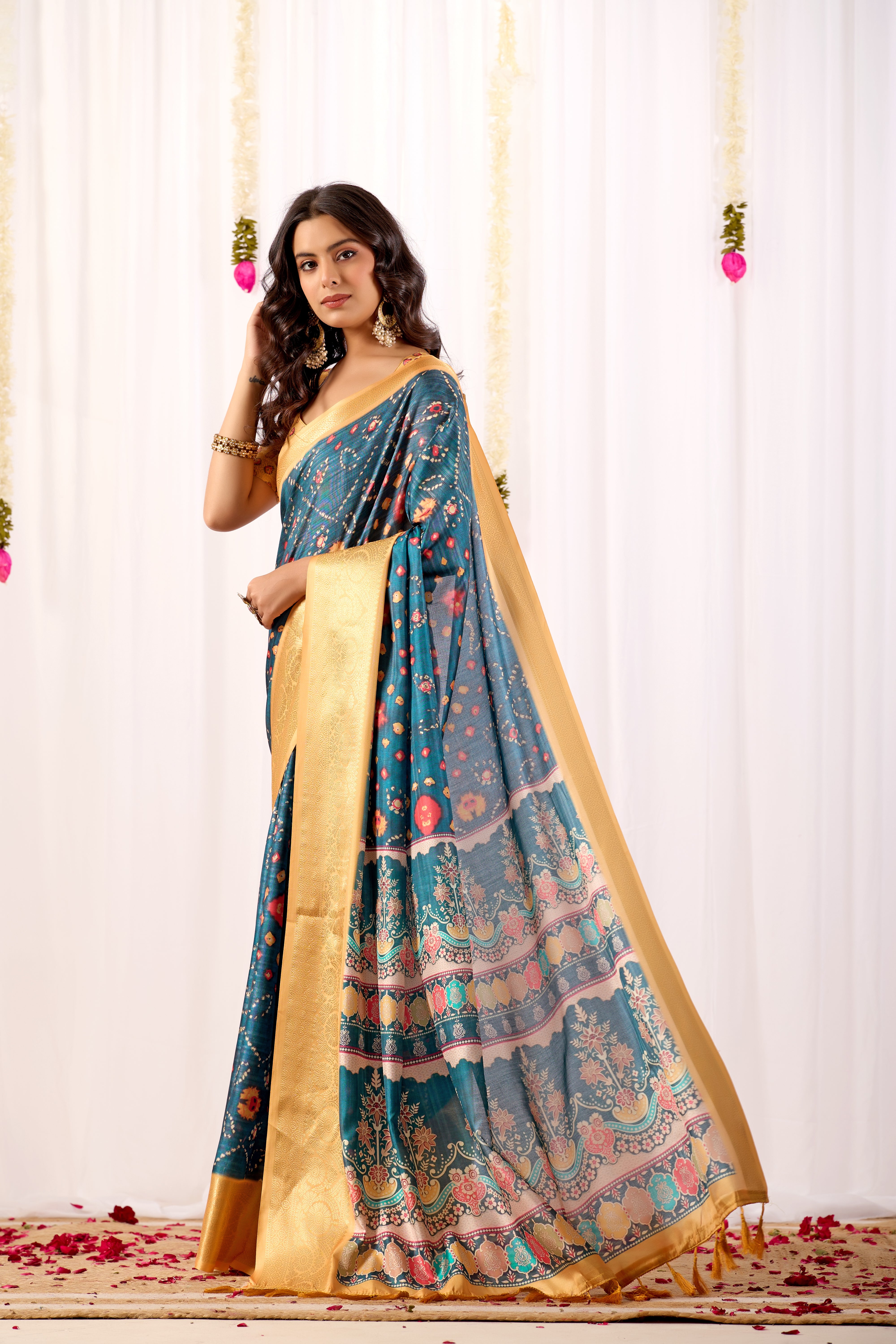 Teal Soft Lichi Silk Saree With Digital Printed Premium Festive Saree