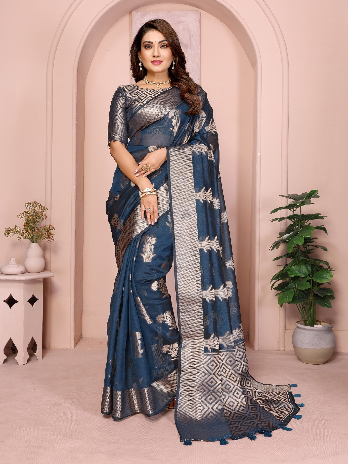 Teal Soft Organza Silk Saree With Elegant Weaving