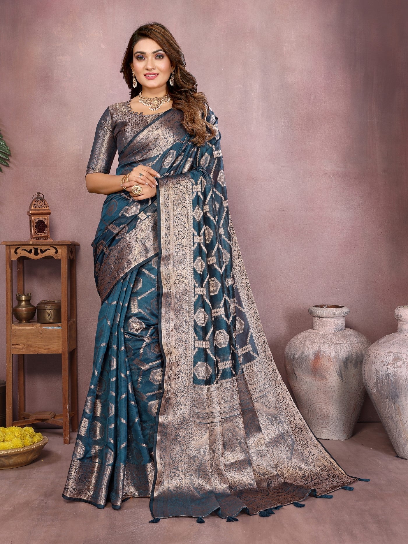 Teal Soft Organza Silk Saree With Elegant Weaving