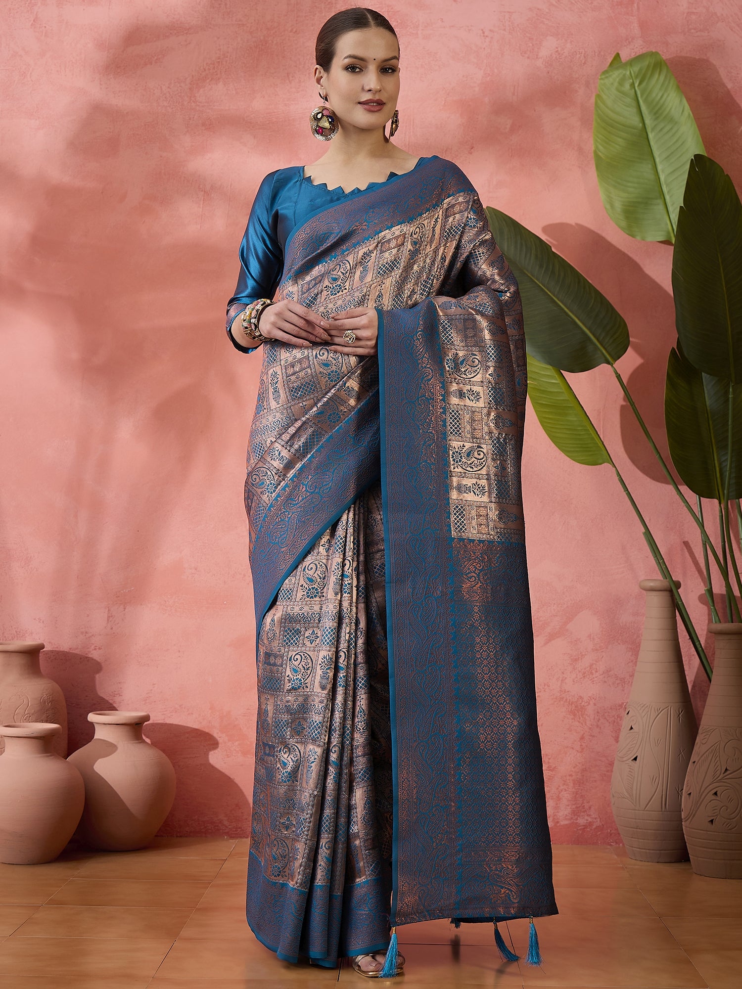 Teal Woven Jari Designer Silk Blended Saree For Festive Looks
