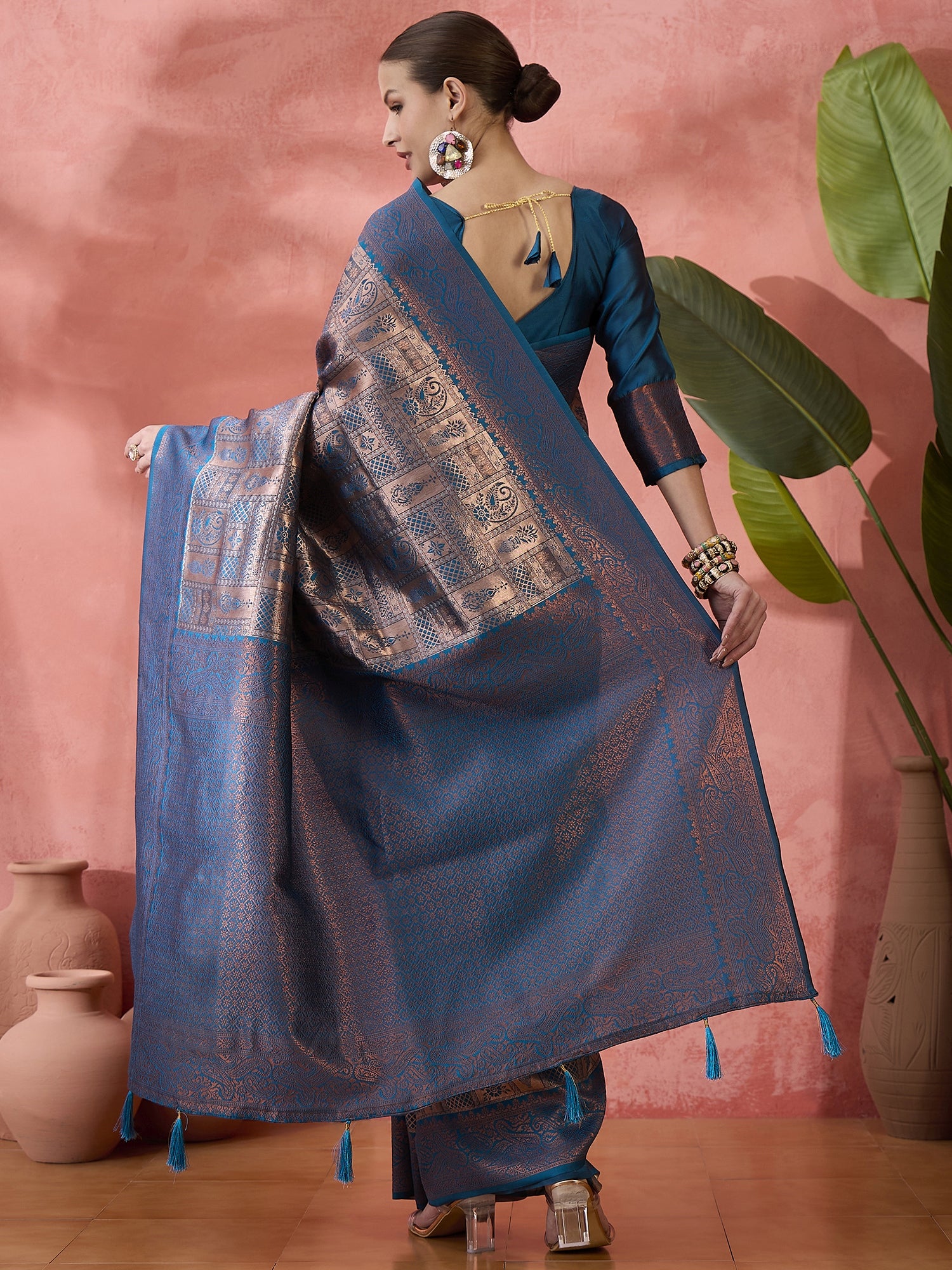 Teal Woven Jari Designer Silk Blended Saree For Festive Looks