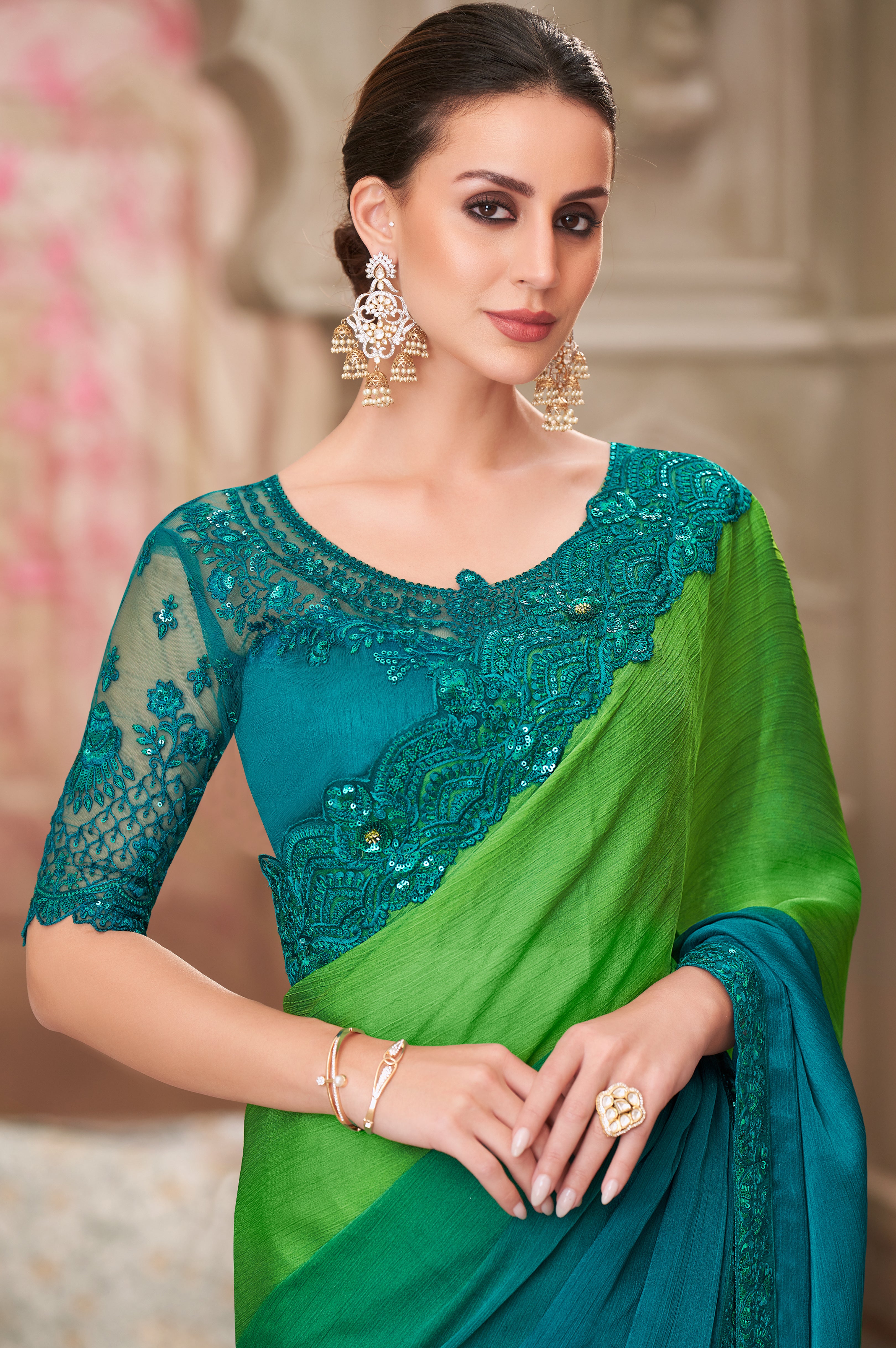 Teal & Parrot Green Saree With Heavy Thread Embroidery Sequins Border Work With Embroidery Blouse