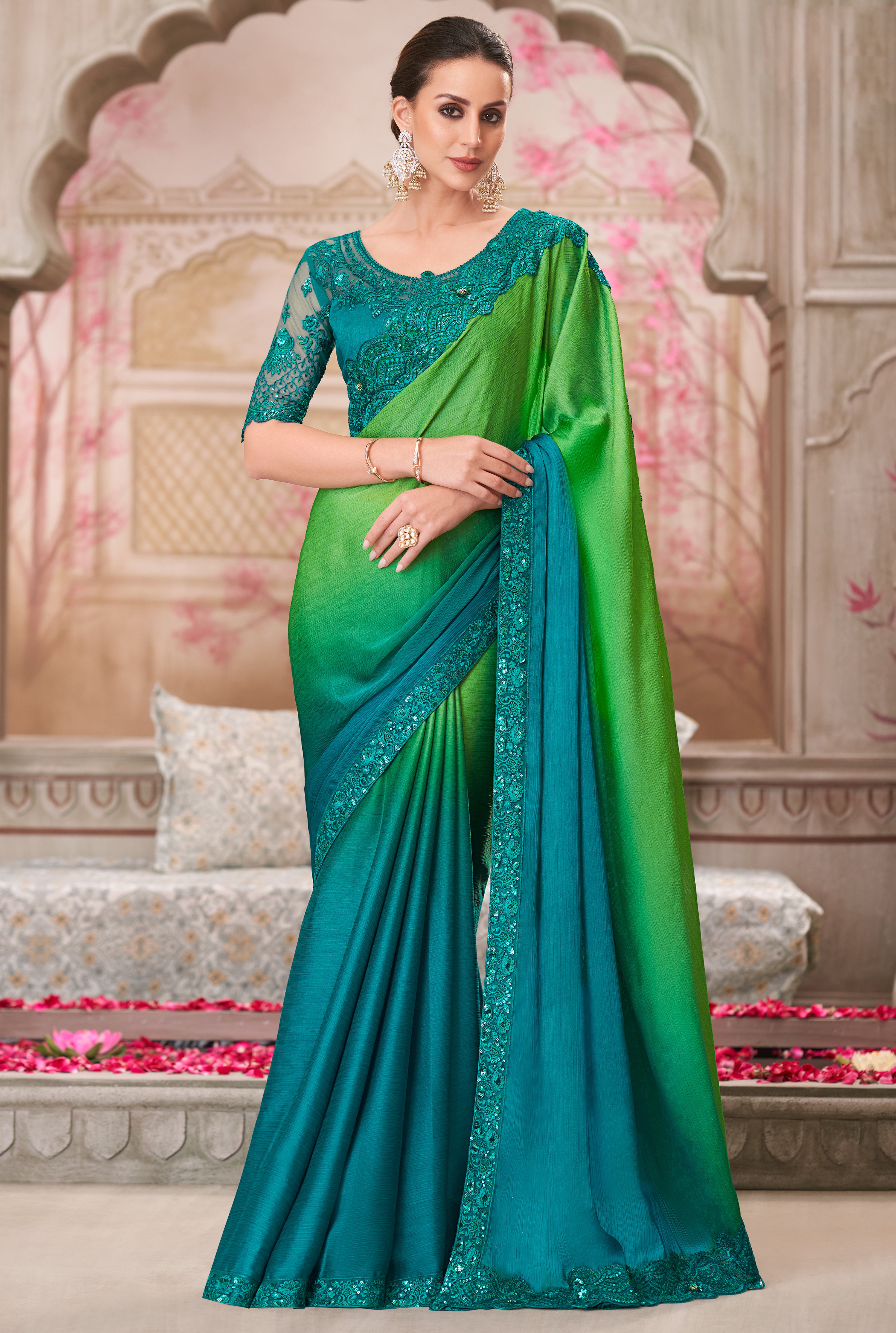 Teal & Parrot Green Saree With Heavy Thread Embroidery Sequins Border Work With Embroidery Blouse