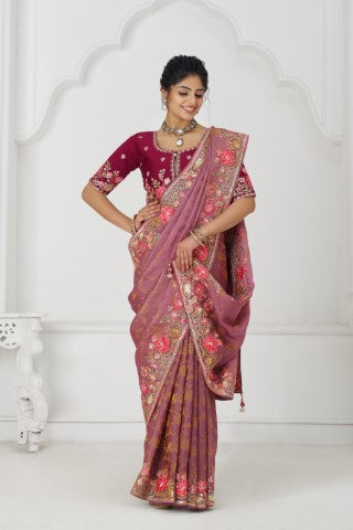 Threaded Blossoms: Pink Saree With Colorful Floral Embroidery