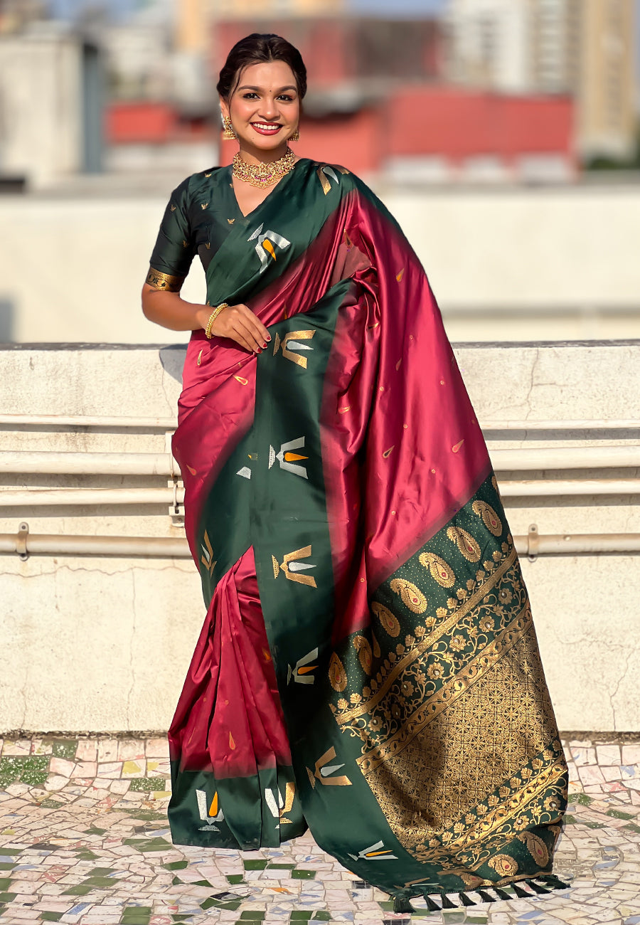 Traditional Woven Balaji Tilak Designer Woven Soft Silk Burgundy Saree