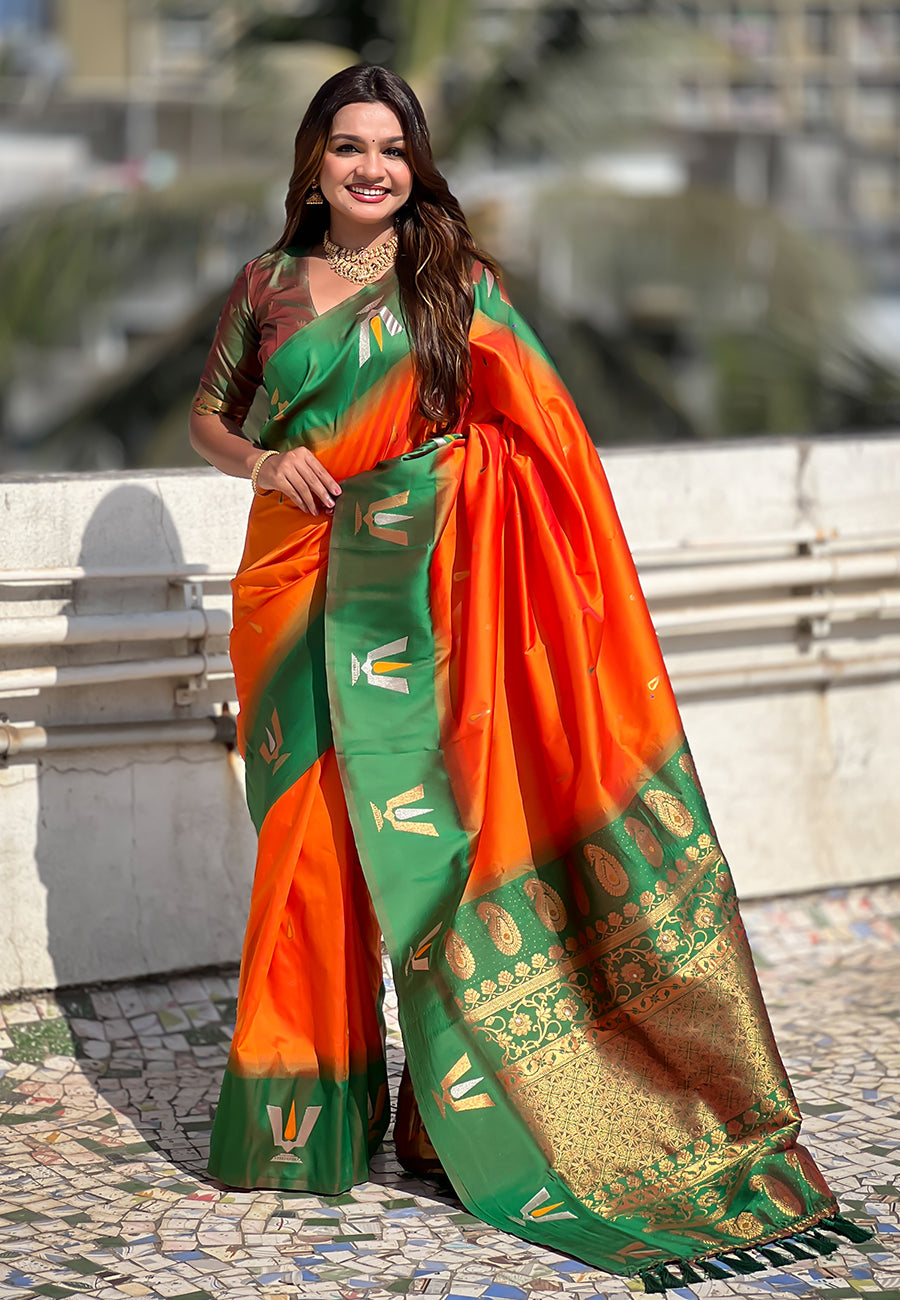 Traditional Woven Balaji Tilak Designer Woven Soft Silk Orange Saree
