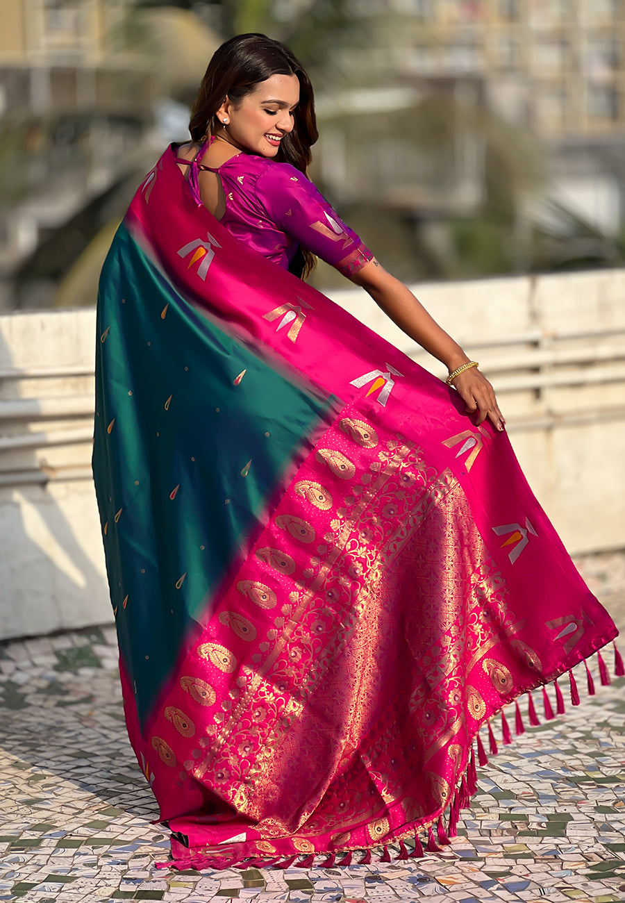 Traditional Woven Balaji Tilak Designer Woven Soft Silk Teal Green Saree