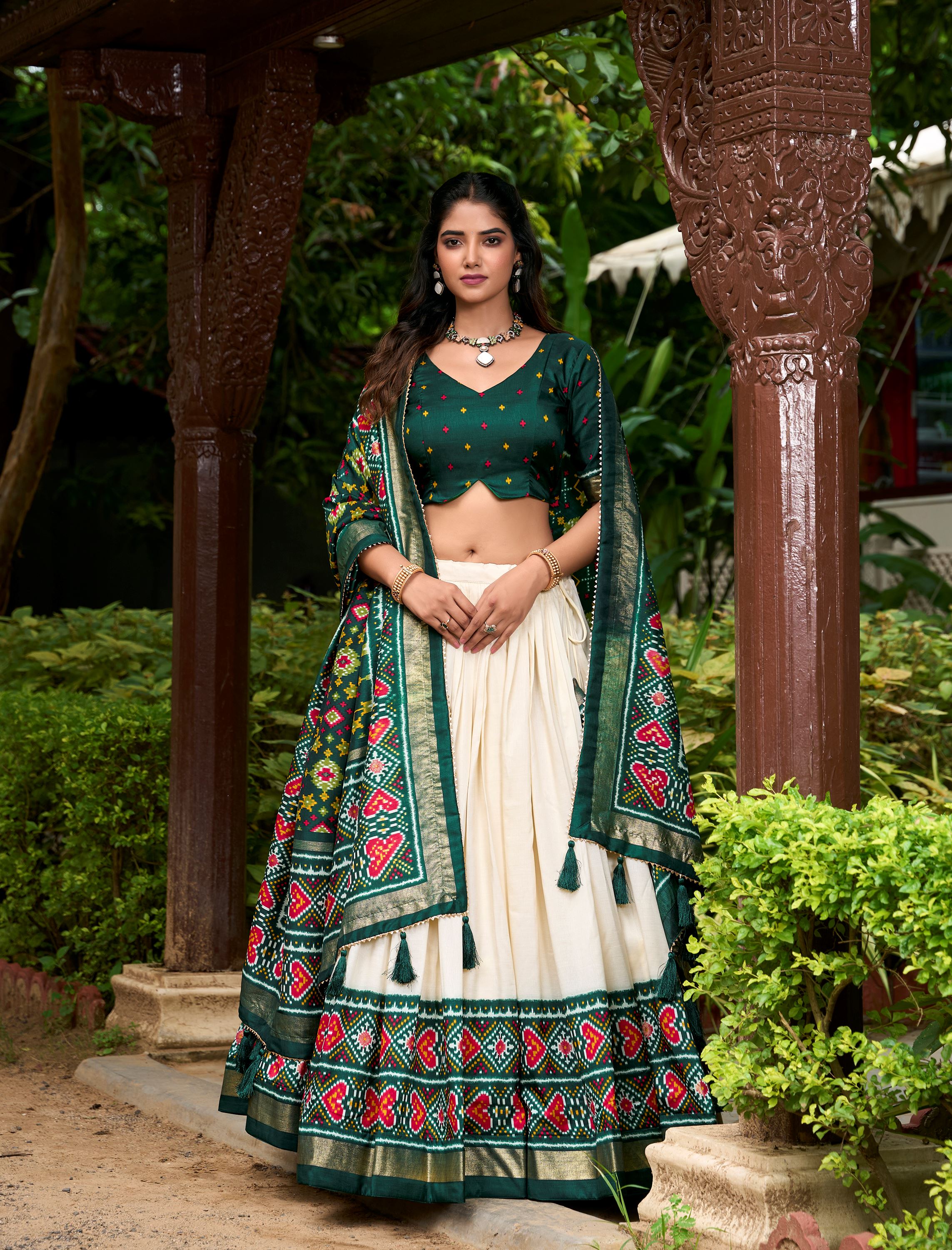 Tradition in Bloom Green Tussar Silk Lehenga with Royal Patola Print
