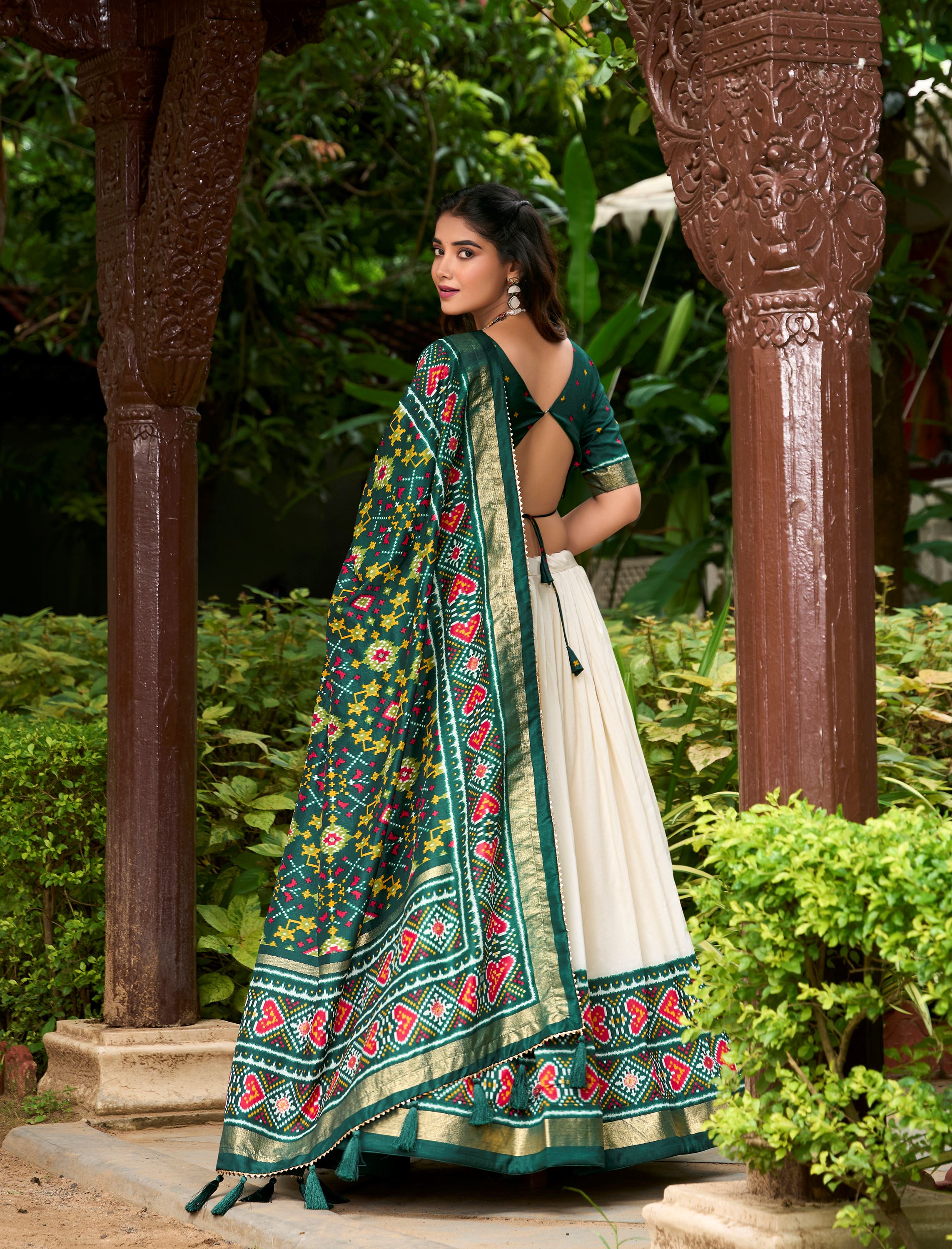 Tradition in Bloom Green Tussar Silk Lehenga with Royal Patola Print