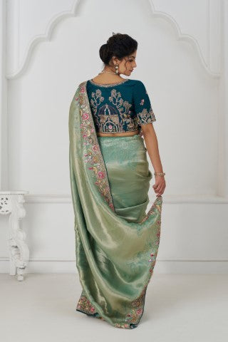 Trending Reception Green Color Saree With Multi-Thread Embroidery
