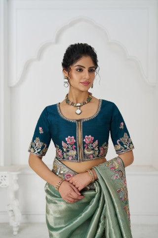 Trending Reception Green Color Saree With Multi-Thread Embroidery