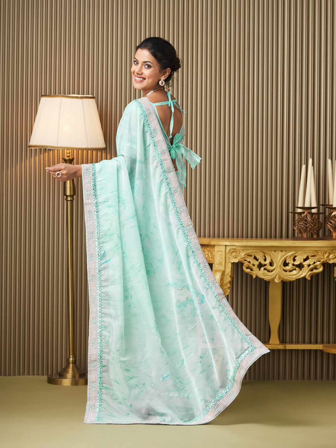 Turquoise Blue Organza Embroidered Embellished Work Ceremonial Saree