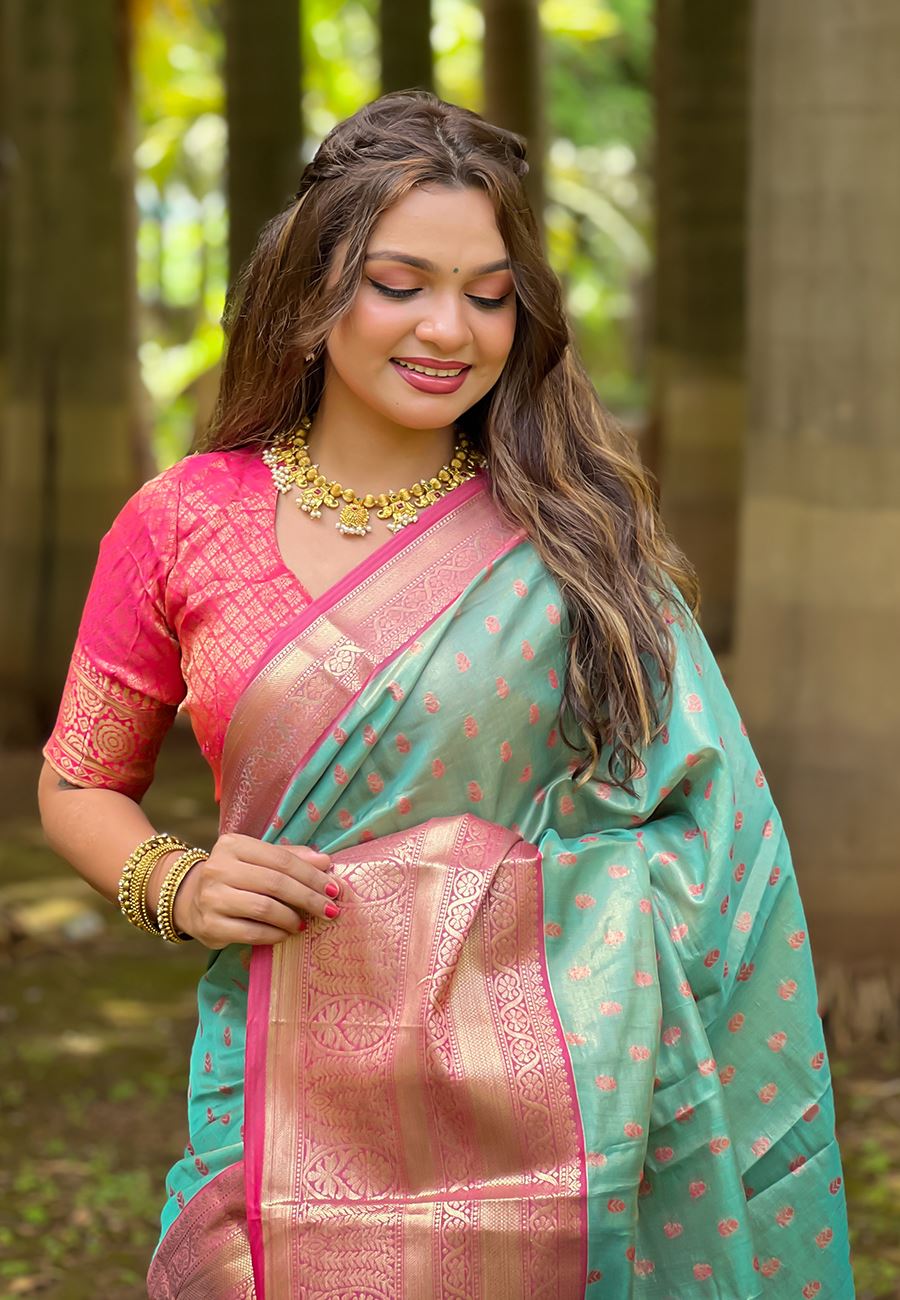 Turquoise Blue Silk Blend South Indian Kanchipuram Saree