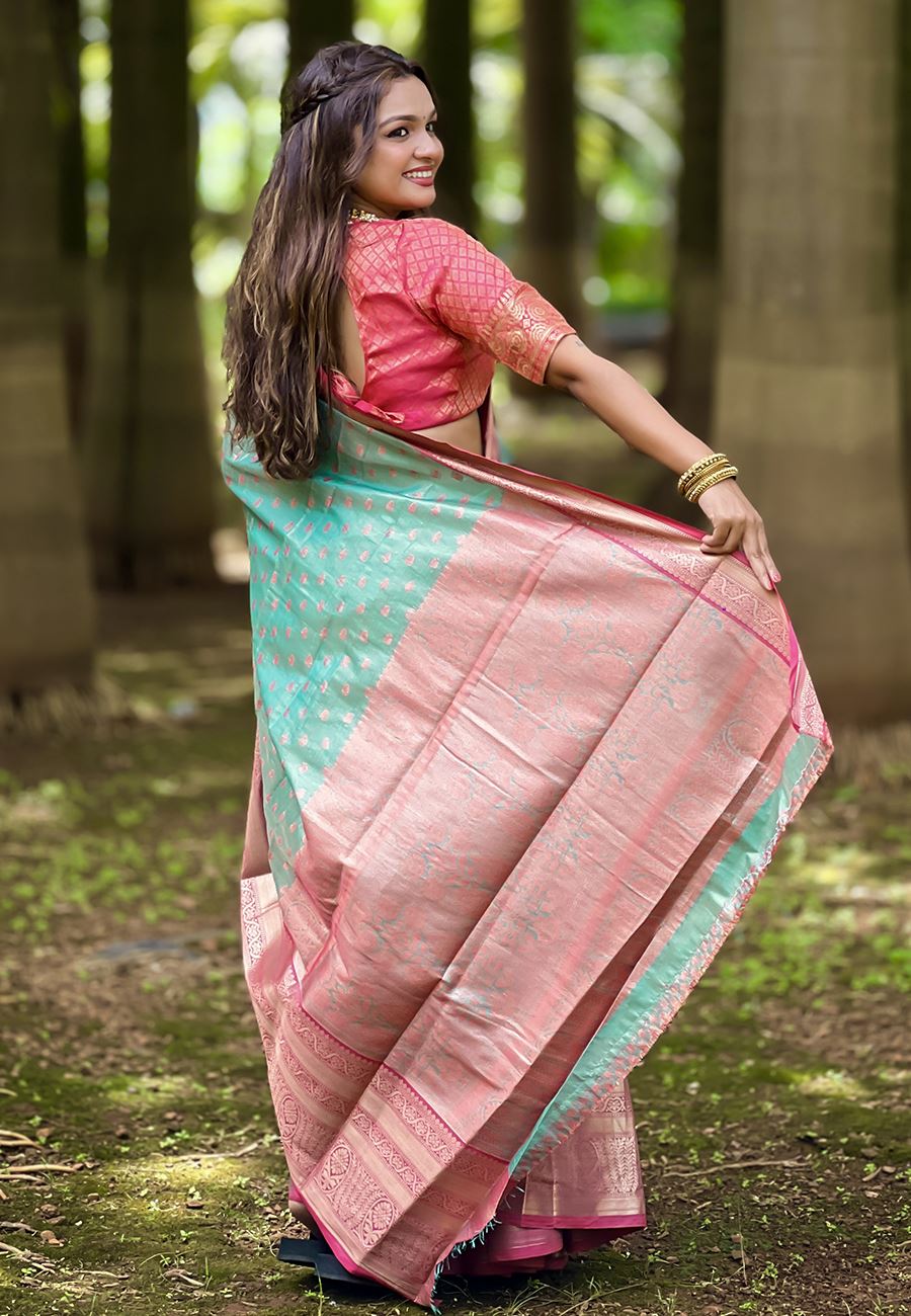 Turquoise Blue Silk Blend South Indian Kanchipuram Saree