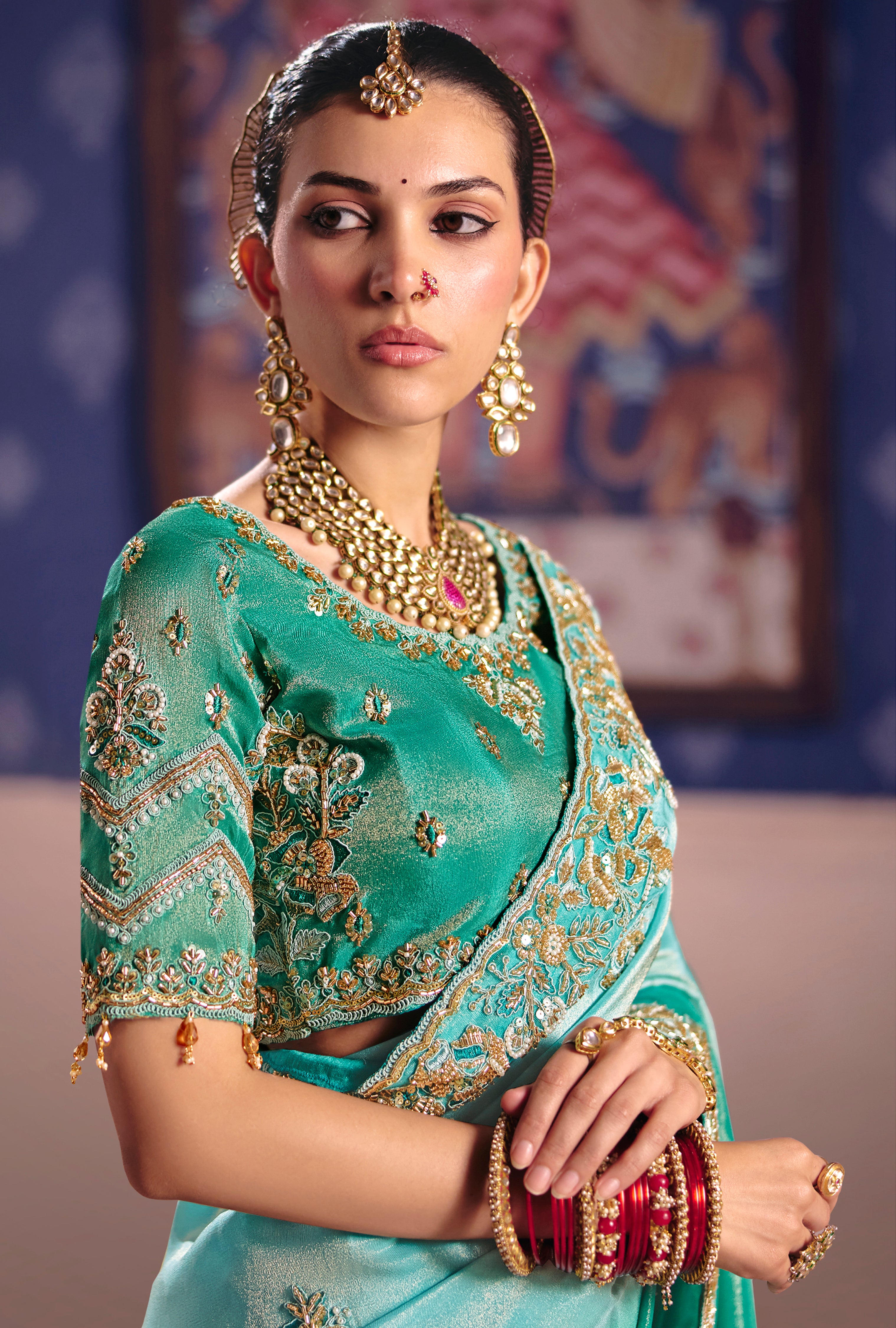 Turquoise Saree With Heavy Embroidery, Beads With Sequince Work