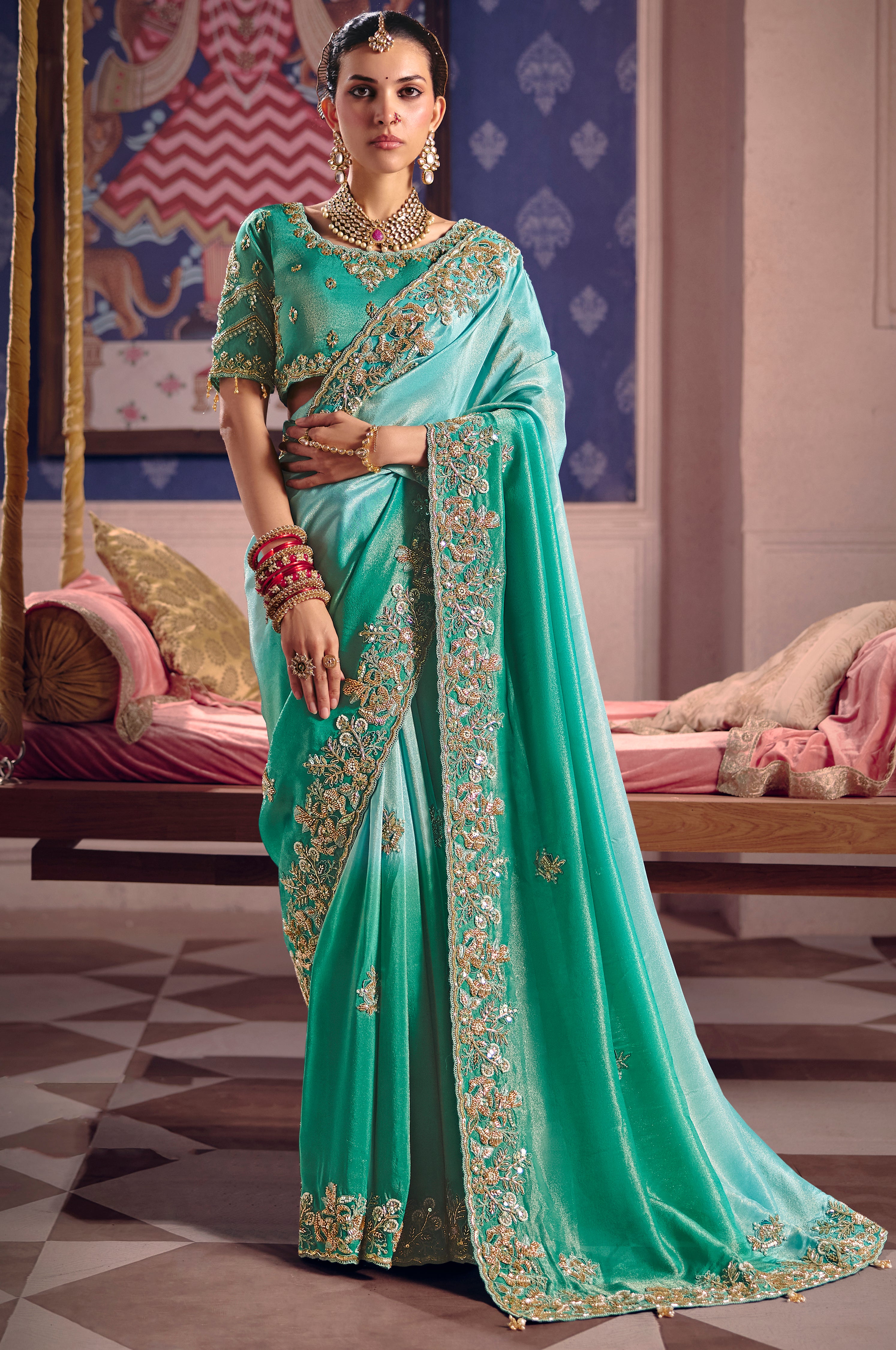 Turquoise Saree With Heavy Embroidery, Beads With Sequince Work