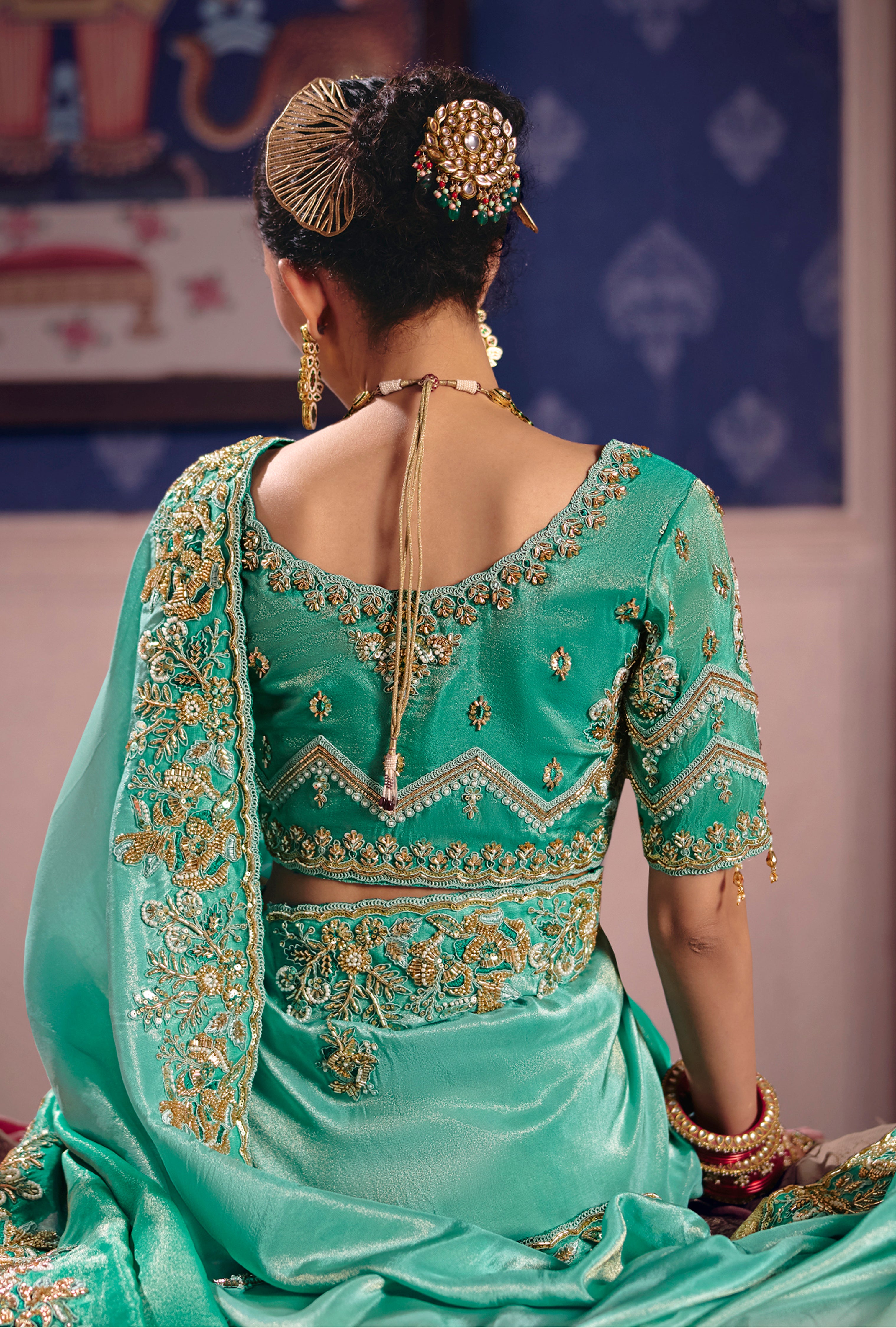 Turquoise Saree With Heavy Embroidery, Beads With Sequince Work
