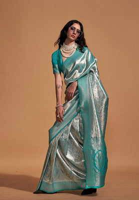 Turquoise Silk Saree With Woven Work