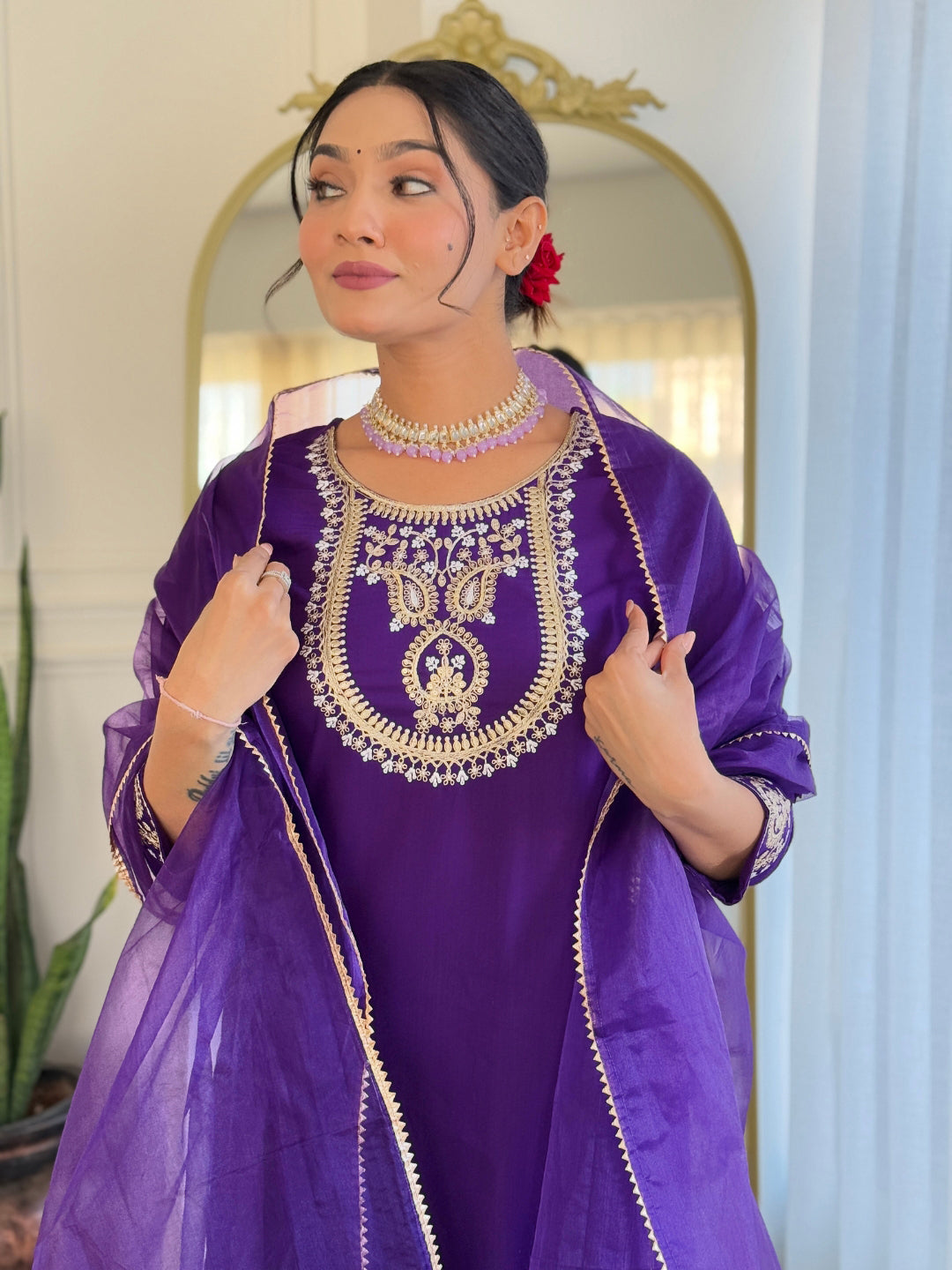 Violate Rayon Slub Elegant Kurta Pant Set With Embroidery Work