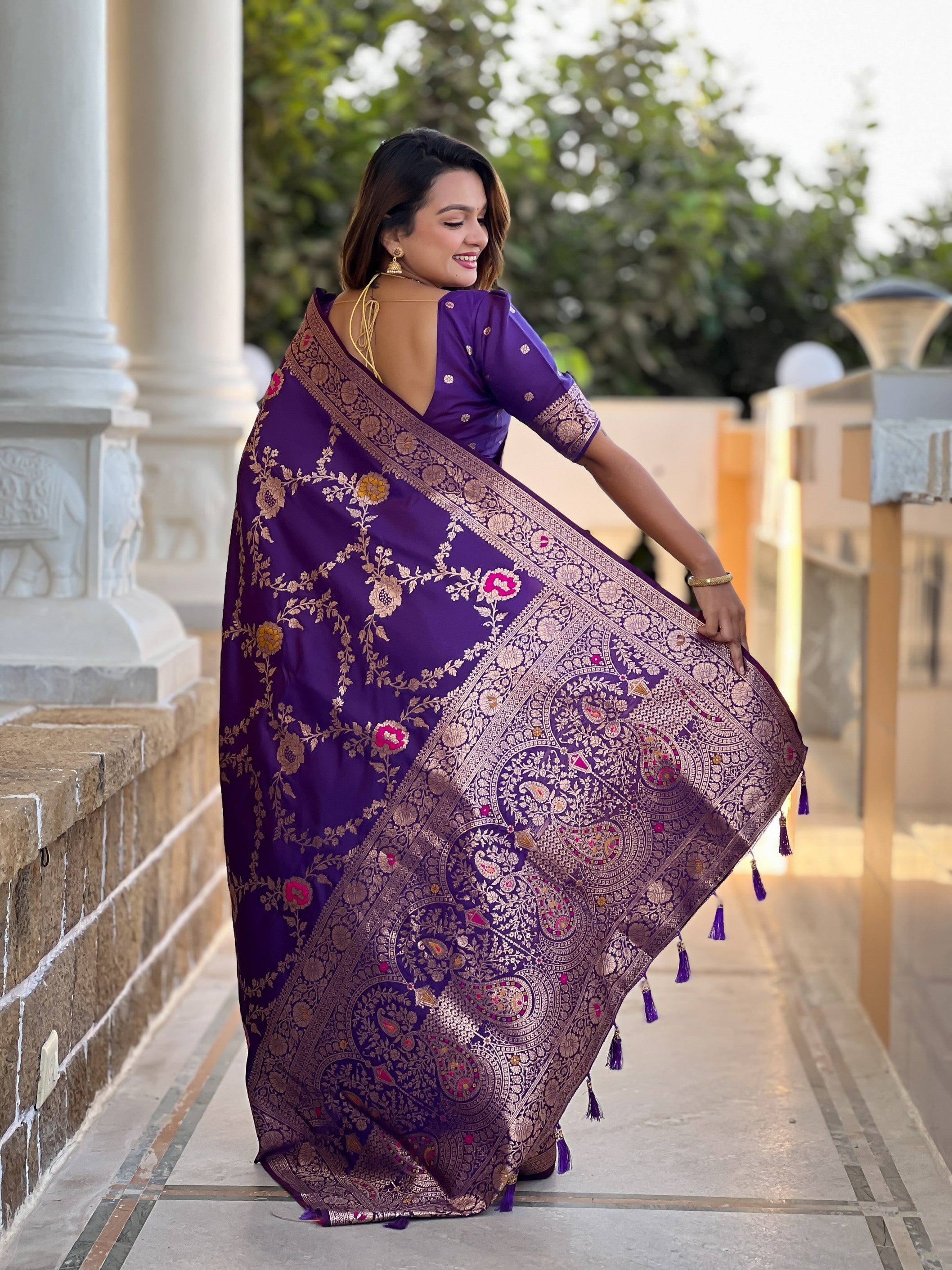 Violet Banarasi Silk Saree With Traditional Woven Meenakari Designer Traditional Looks