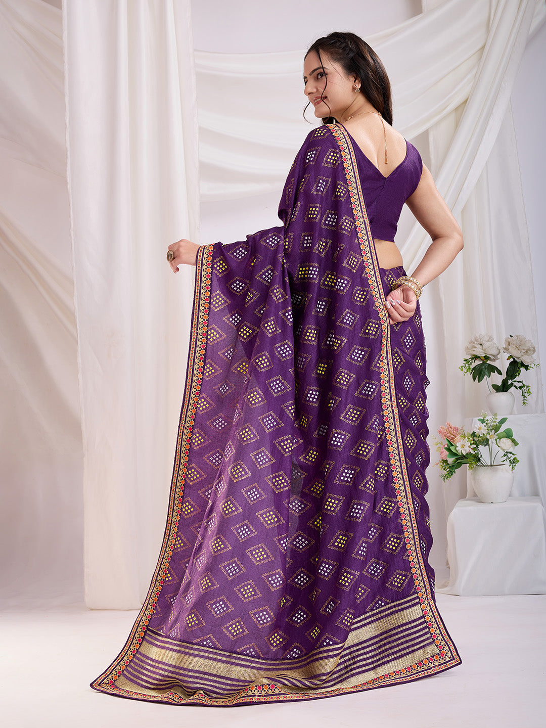 Violet Beautiful Bandhej Printed With Embroidery Work Vichitra Silk Saree