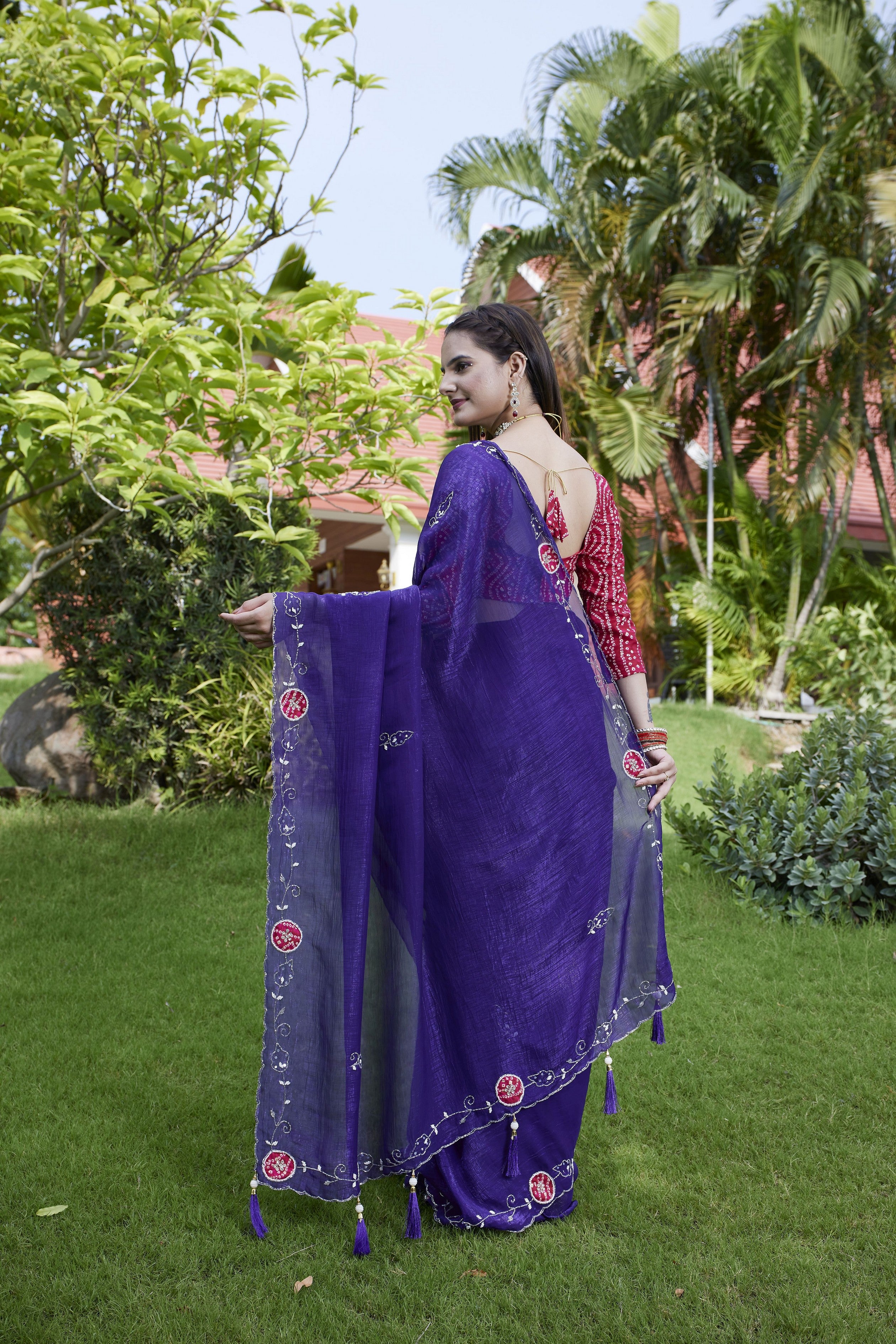 Violet Chiffon Beautiful Heavy Traditonal Rich Festive Saree