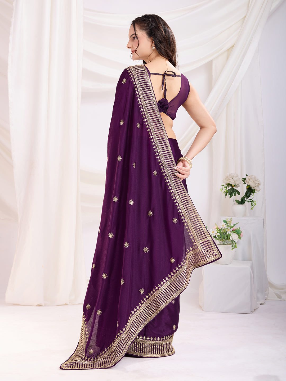Violet Chinon Silk Desigenr Zari Embroidered Ceremonial Saree