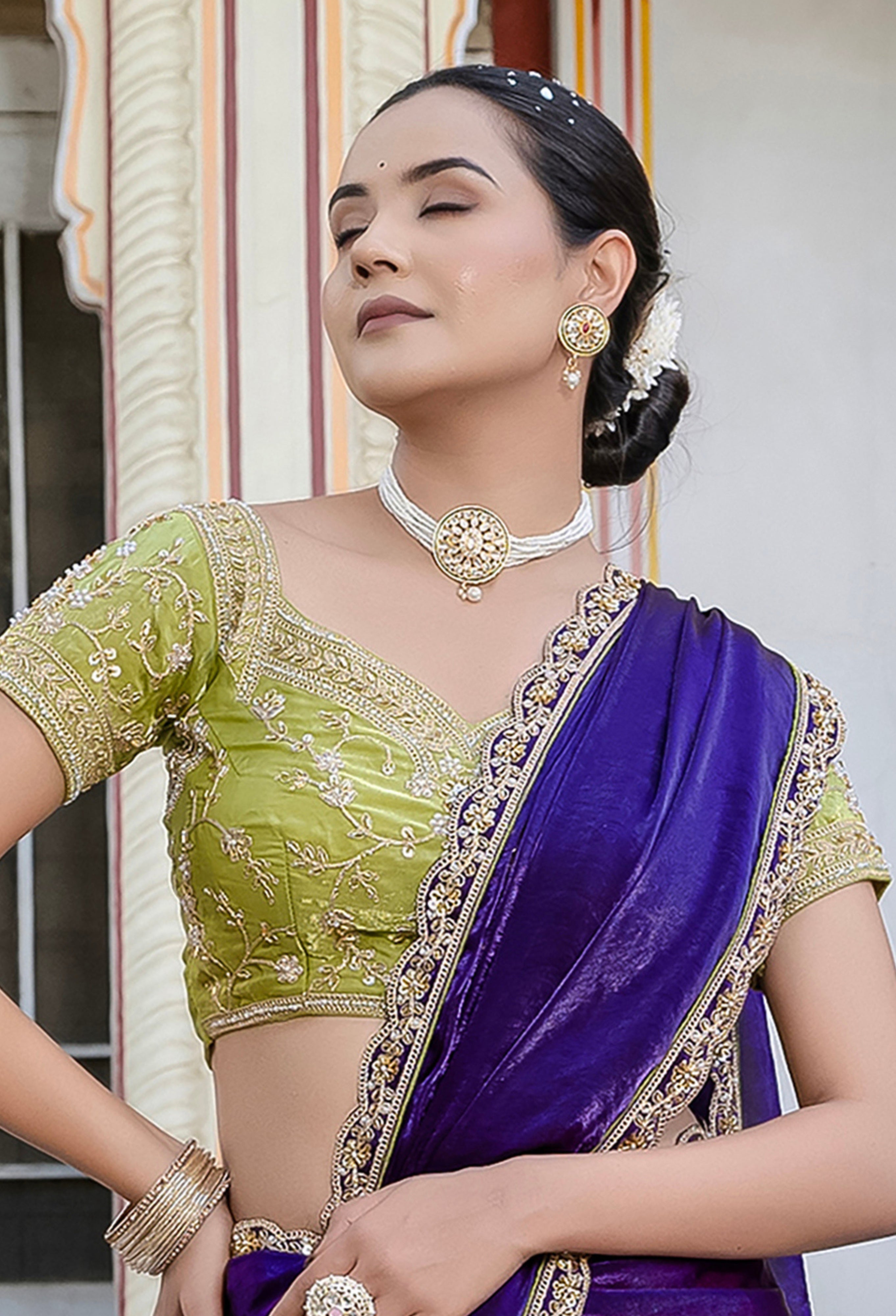 Violet Color Satin with Velvet Lustre Saree With Handwork Lace