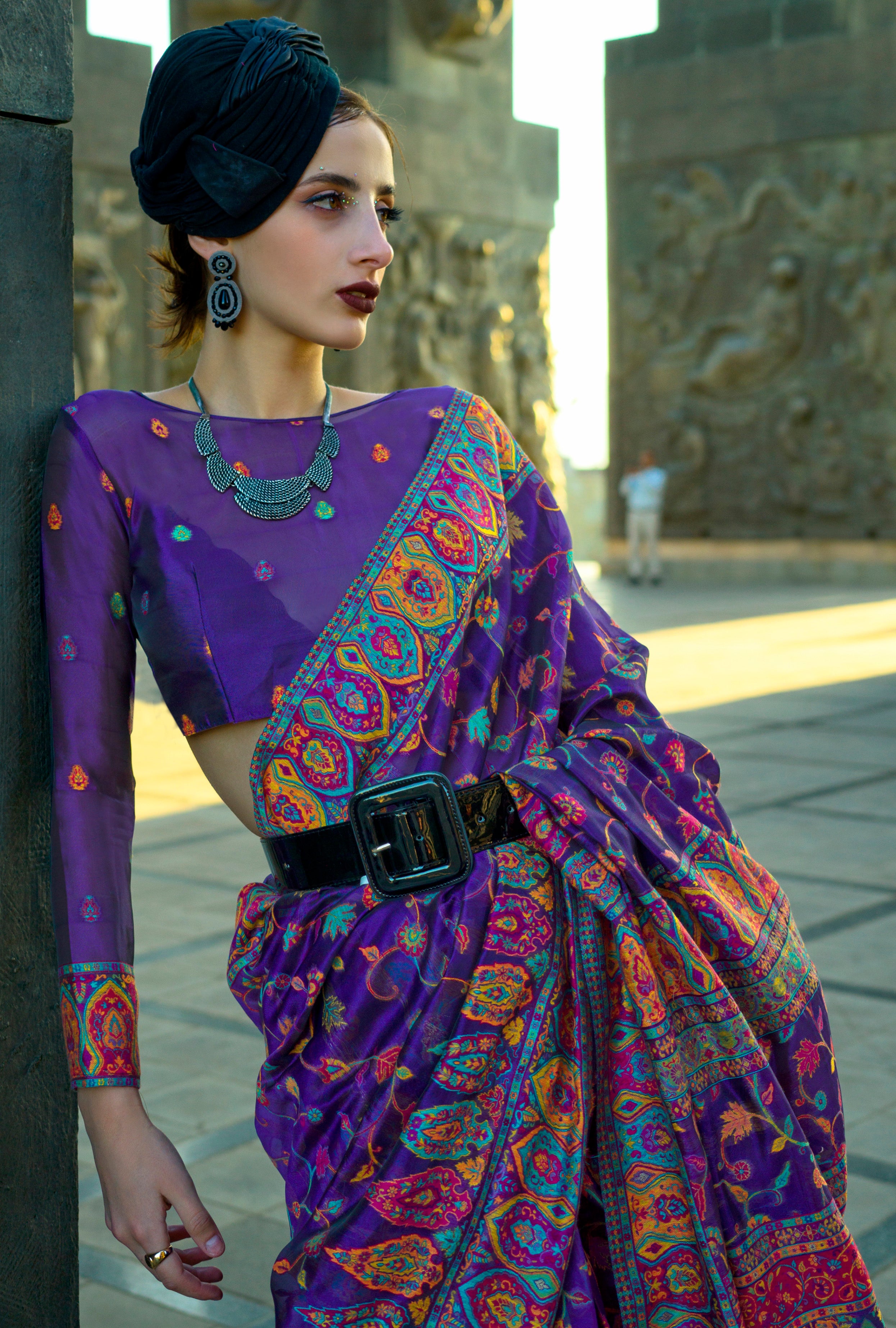Violet Handloom Organza Saree With Handloom Kashmiri Jacquard Woven Work