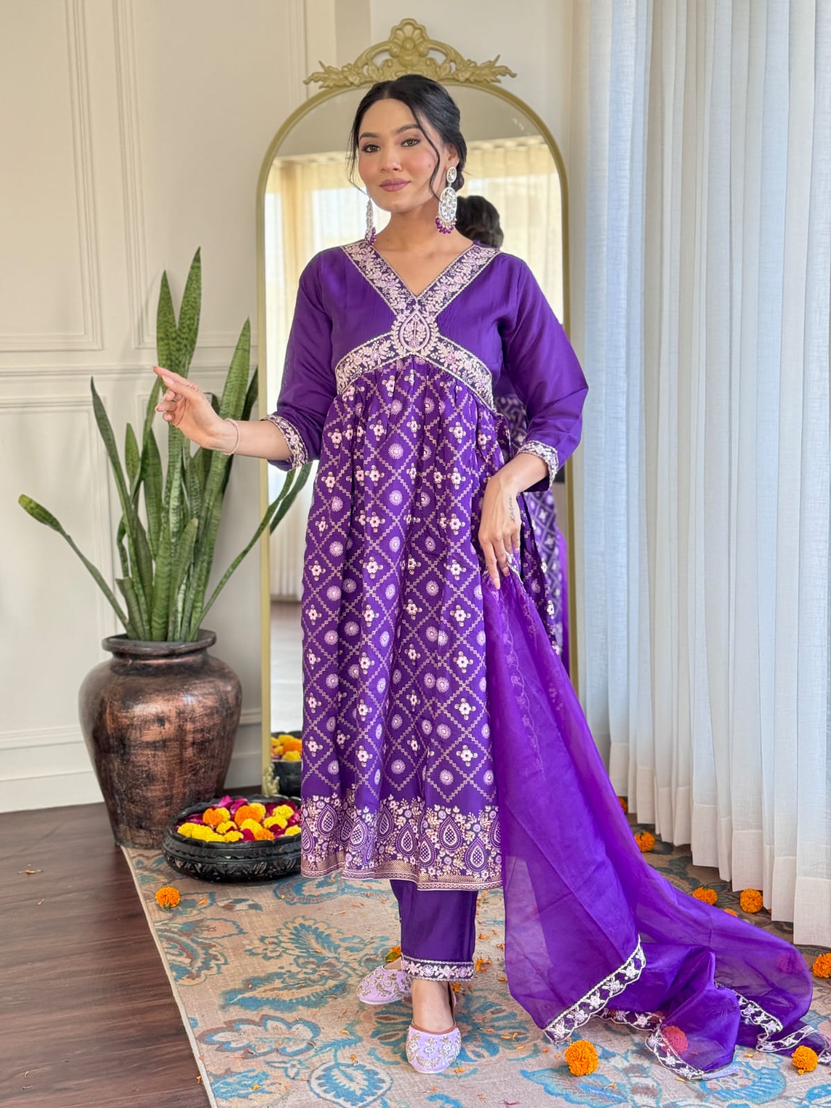 Violet Kurta Pant Set with Heavy Thread Embroidery Work With Foil Print