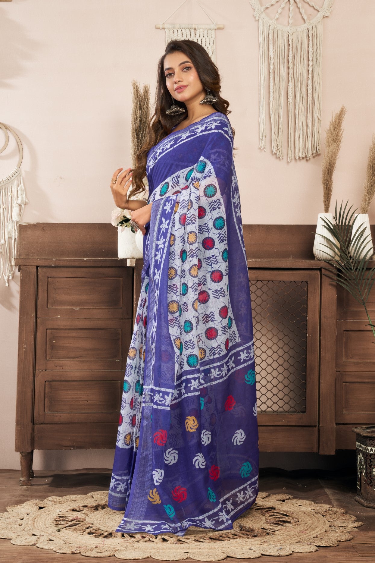 Violet Linen Ready To Wear Saree With Zari Border Printed