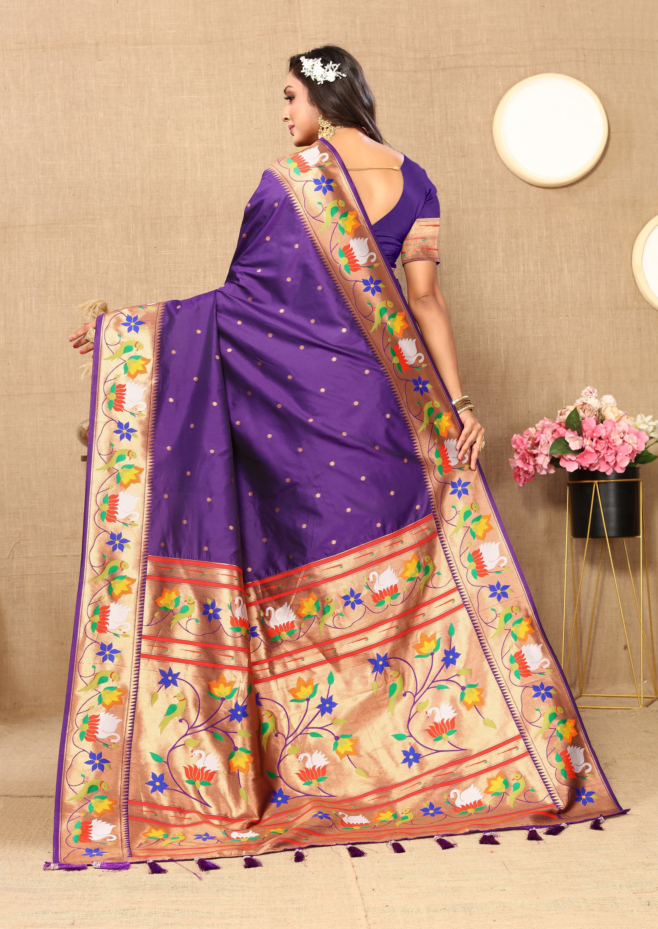 Violet Paithani Silk Woven Meenakari Paithani Designer Ethnic Heavy Looks Saree