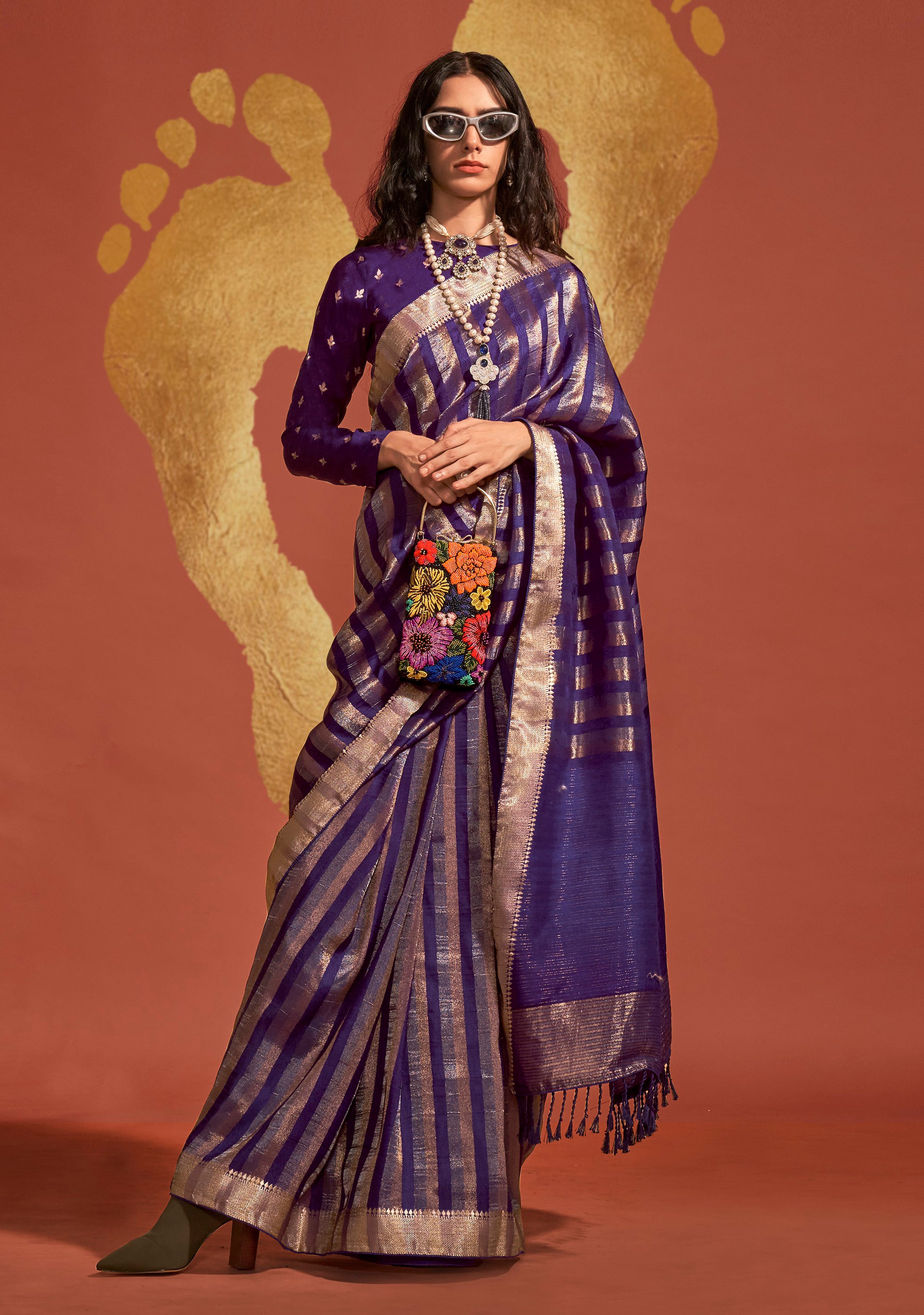 Violet Pure Viscose Handloom Silk Saree With Jacquard Woven Work