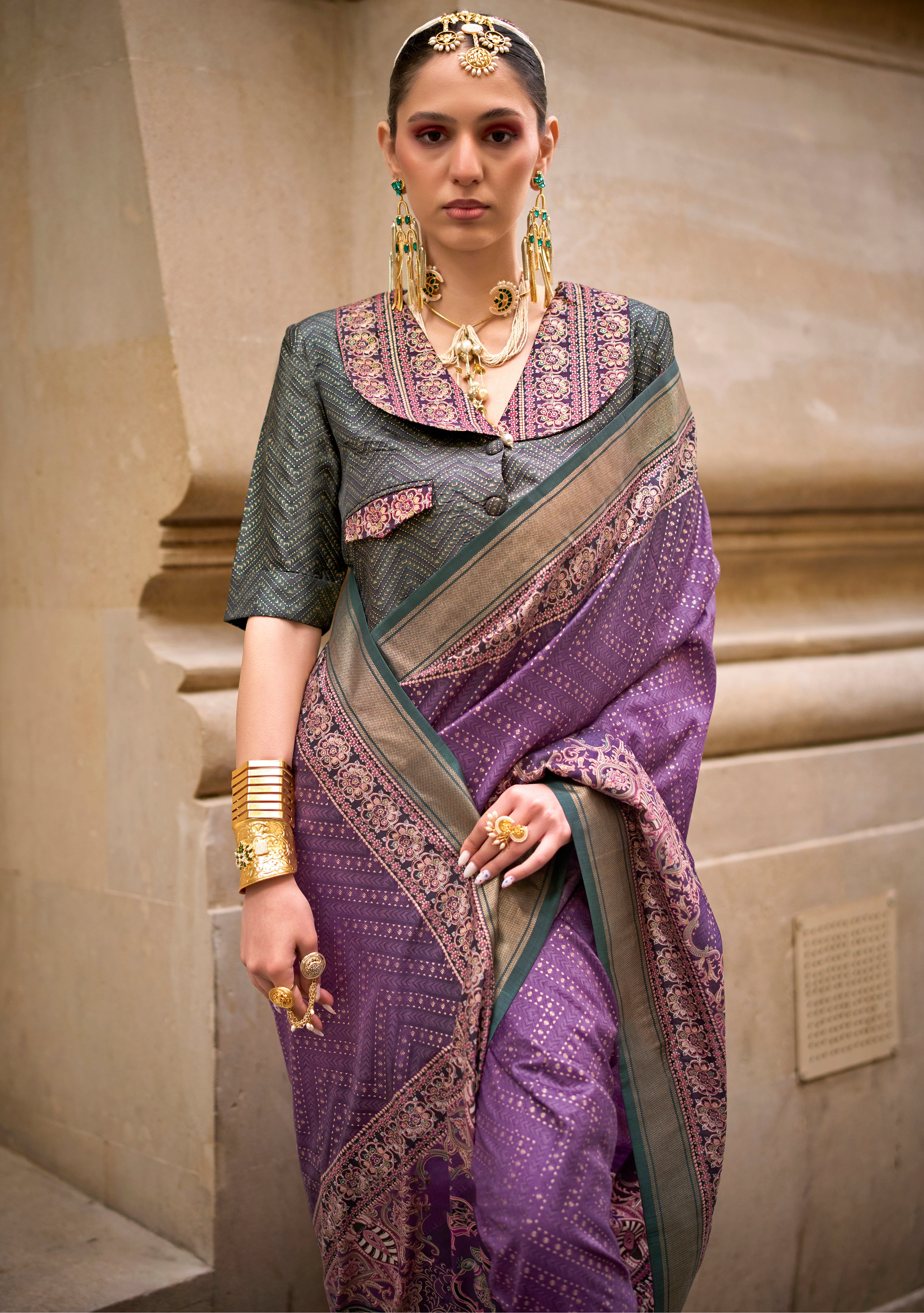 Violet Silk Saree With Foil Print