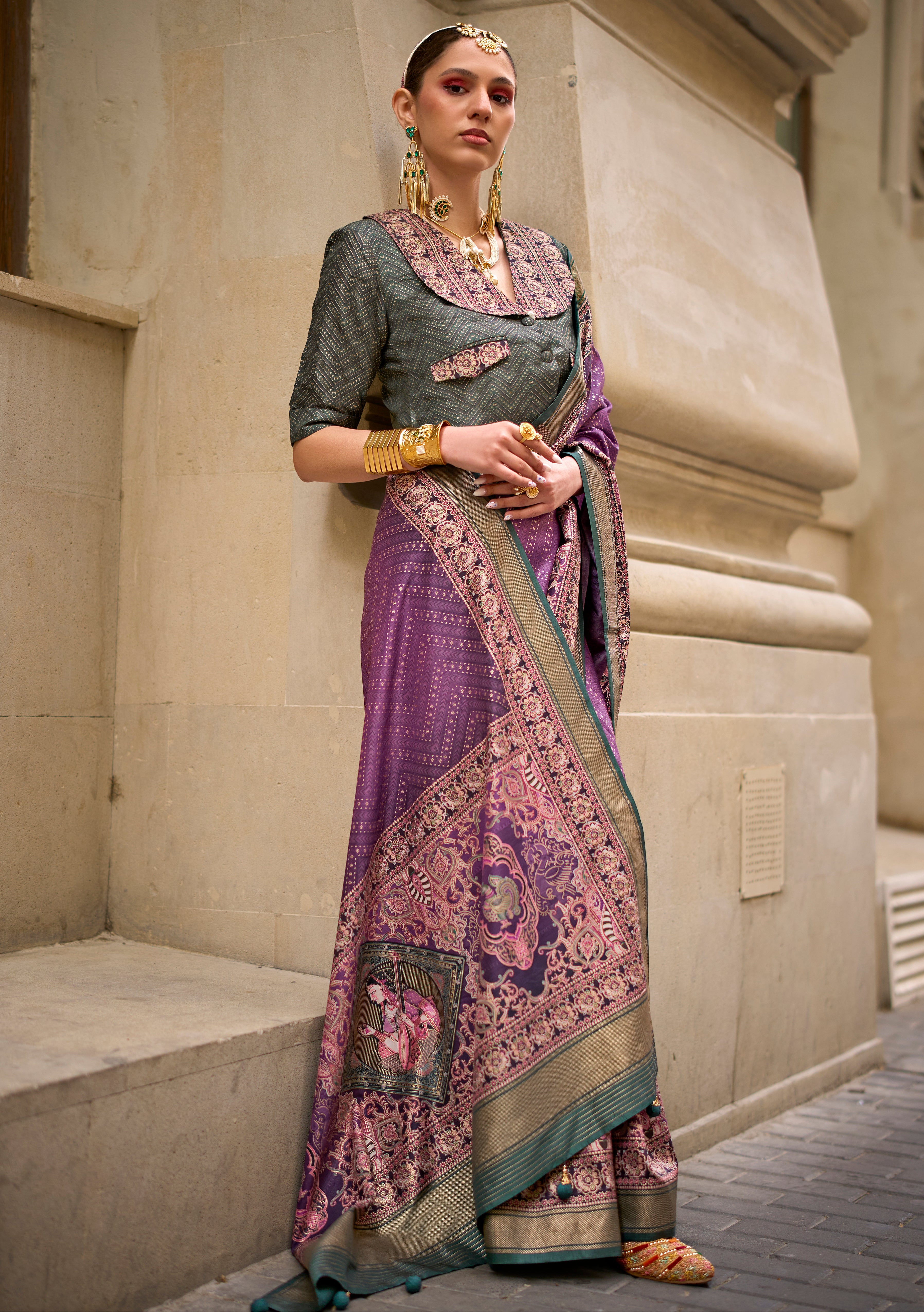 Violet Silk Saree With Foil Print