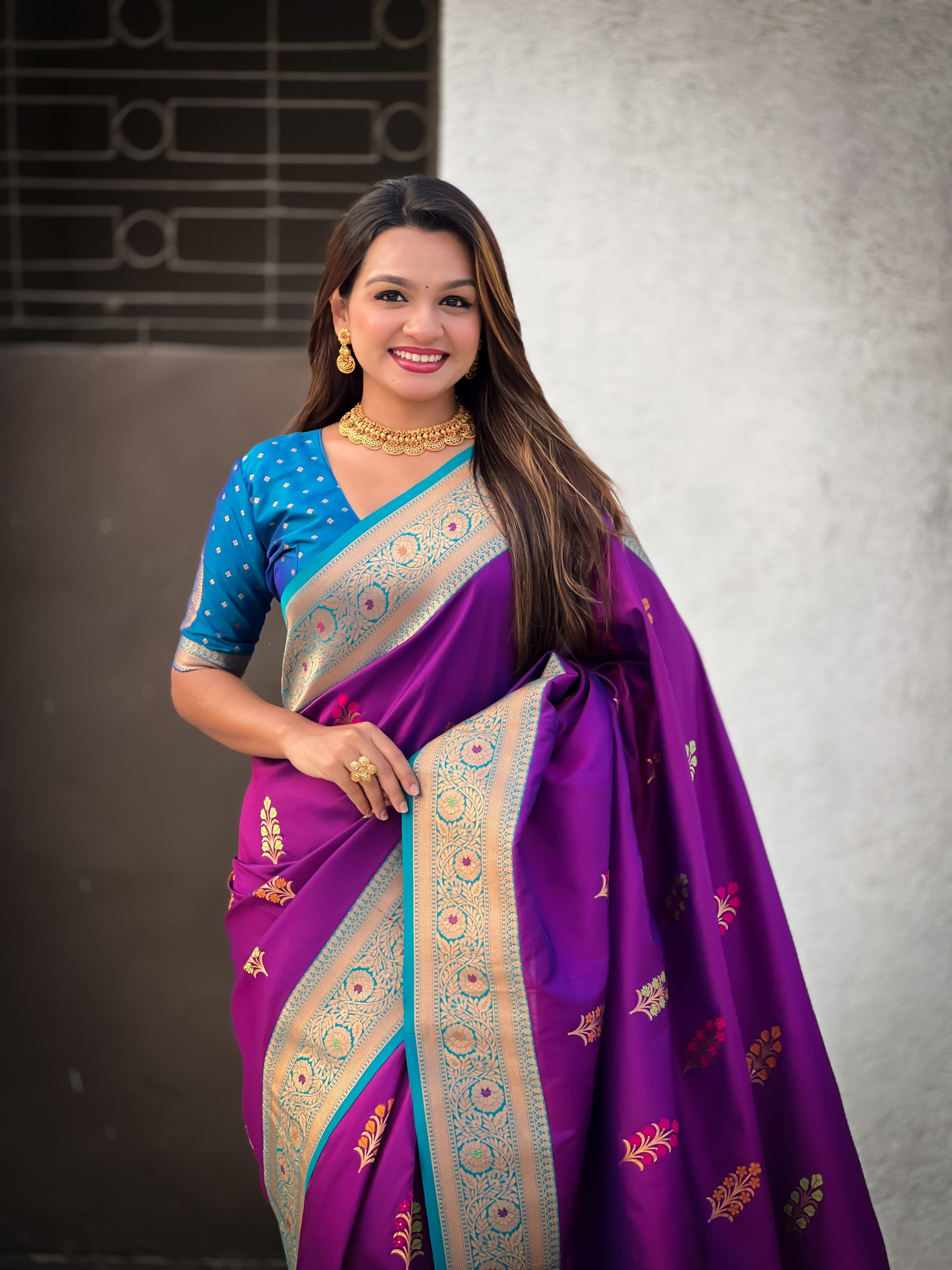 Violet Soft Silk Woven Meenakari Designer Heavy Ceremonial Saree