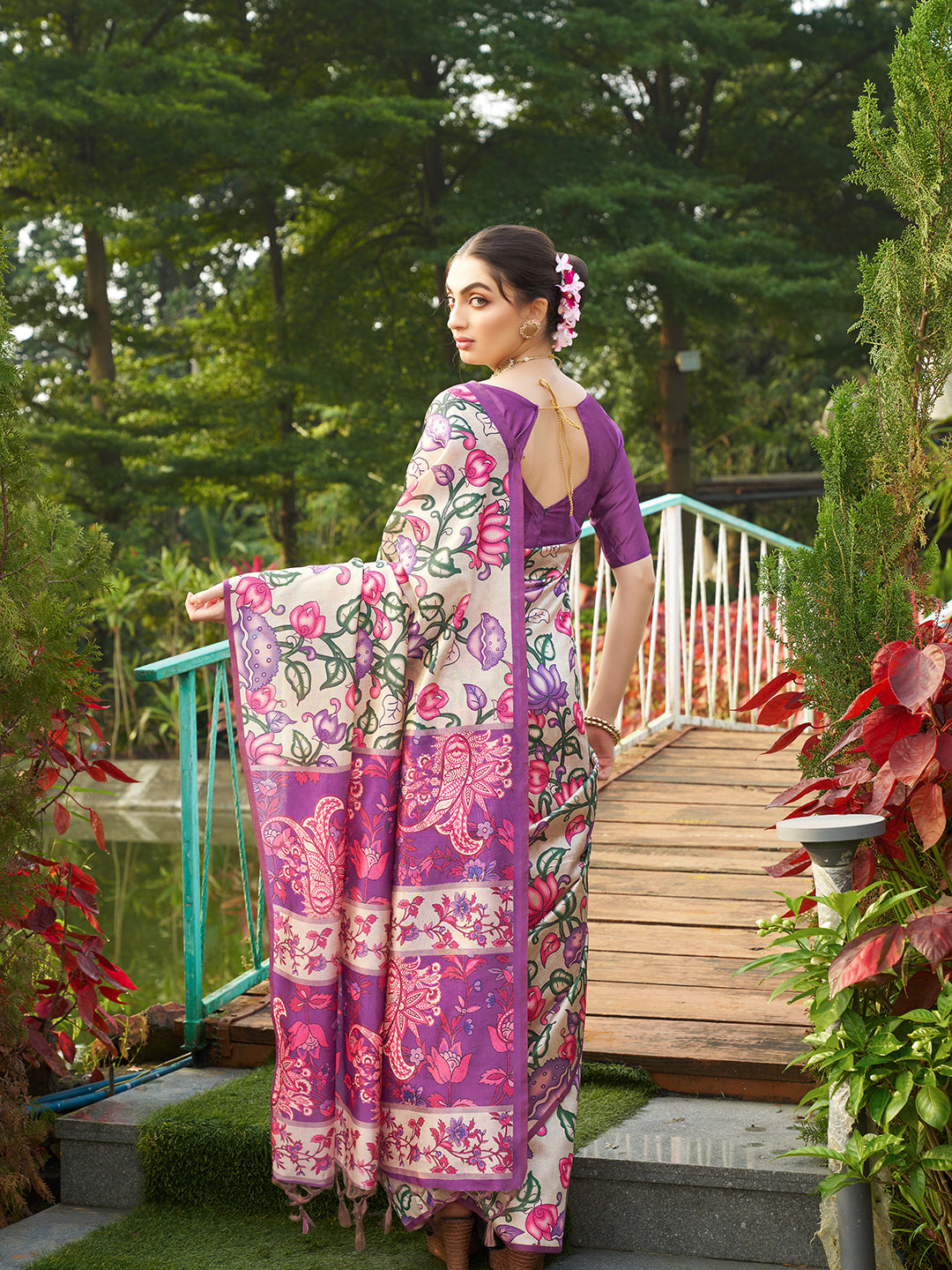 Violet Tussar Silk Designer Kalamkari Printed Traditional Ethnic Indian Saree