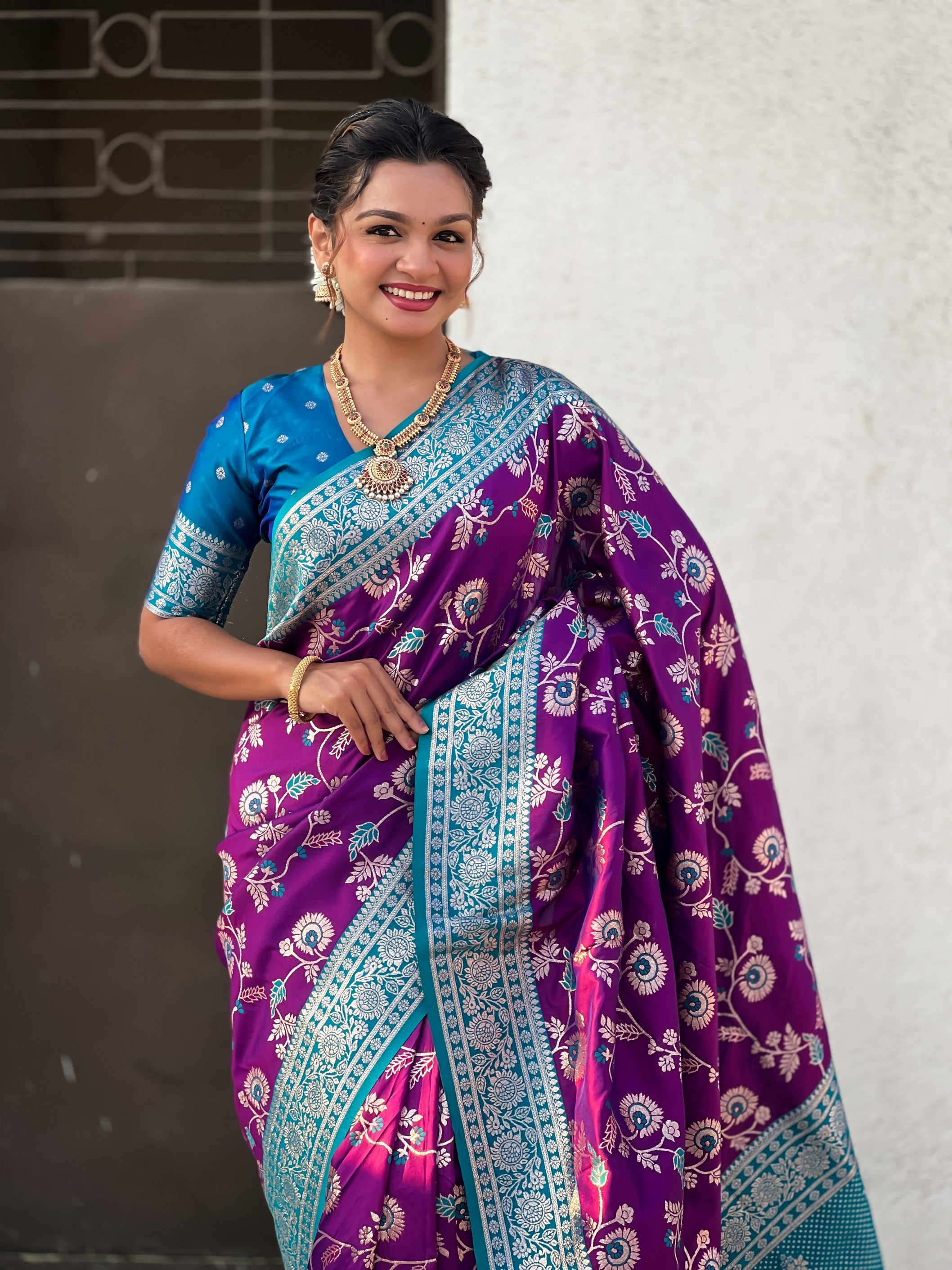 Voilet Banarasi Silk Weaving Meenakari Designer Heavy Looks Saree