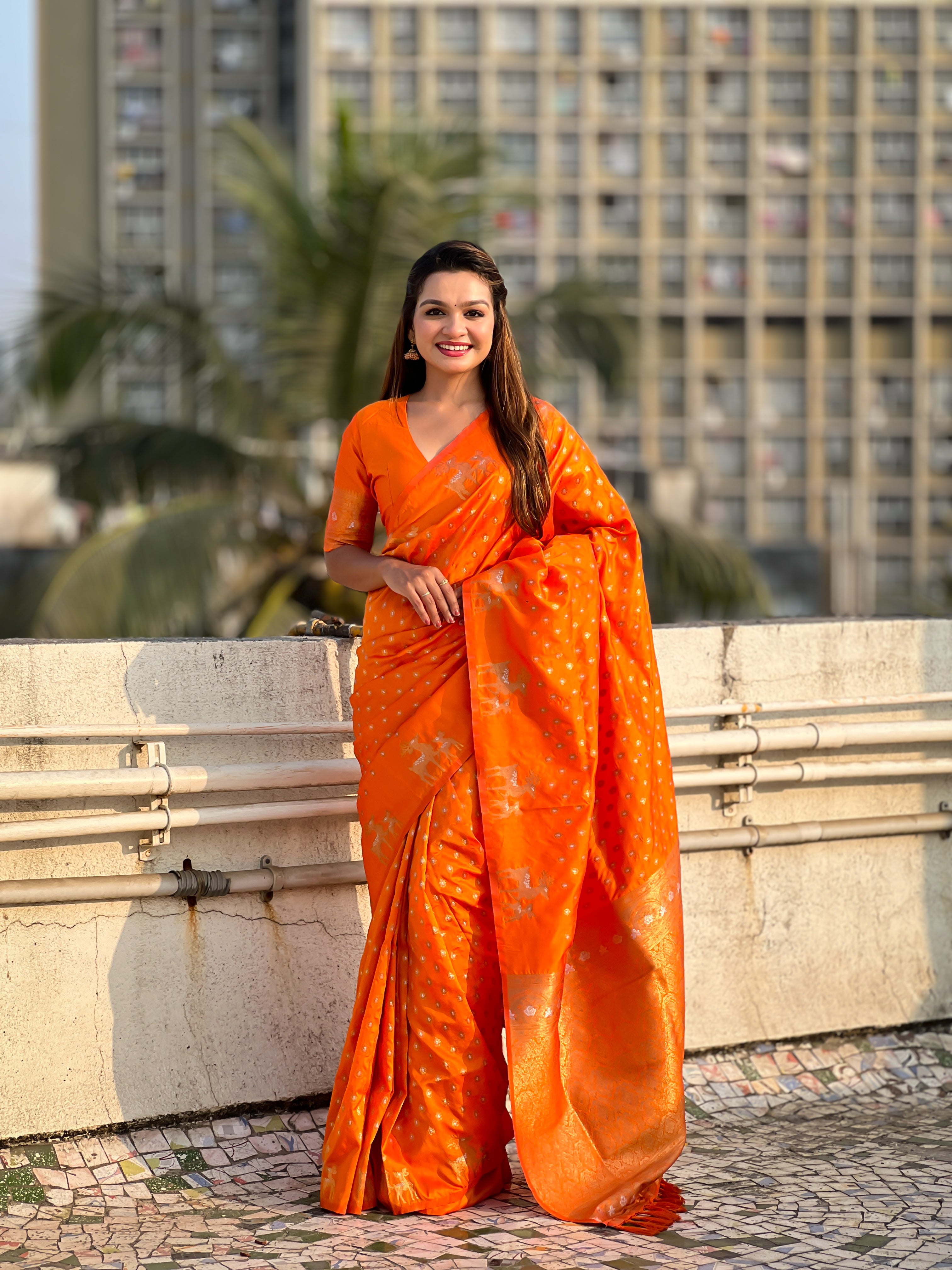 Weaving Dual Jari Designer Orange Soft Silk Ethnic Saree