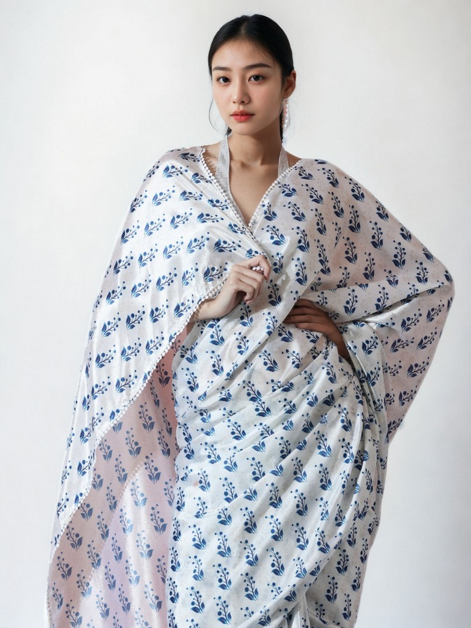 White Beautiful Chinon Designer Digital Printed Ready To Wear Ceremonial Saree