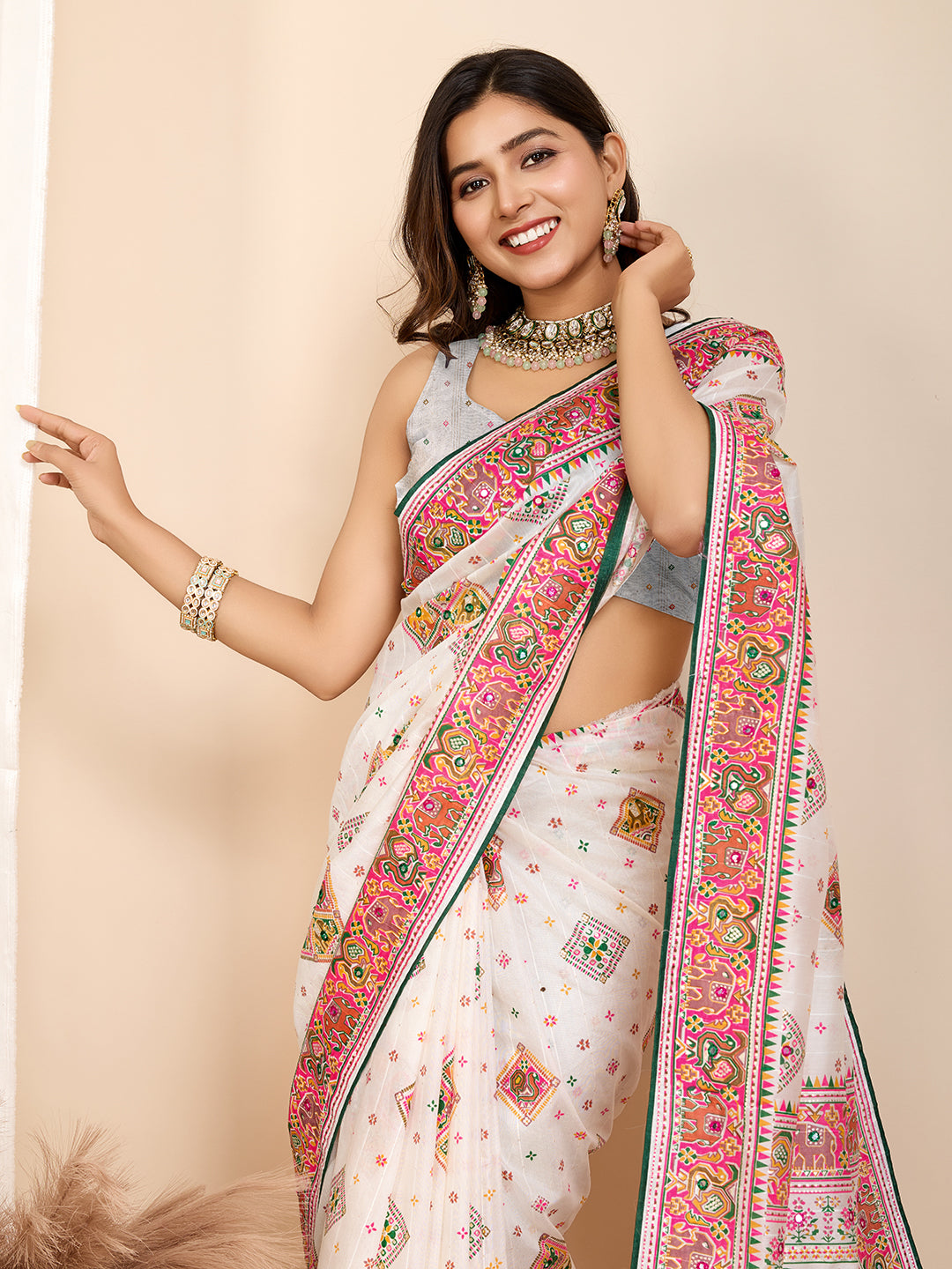 White Beautiful Designer Table With Hand Work Ceremonial Trendy Girlie Saree