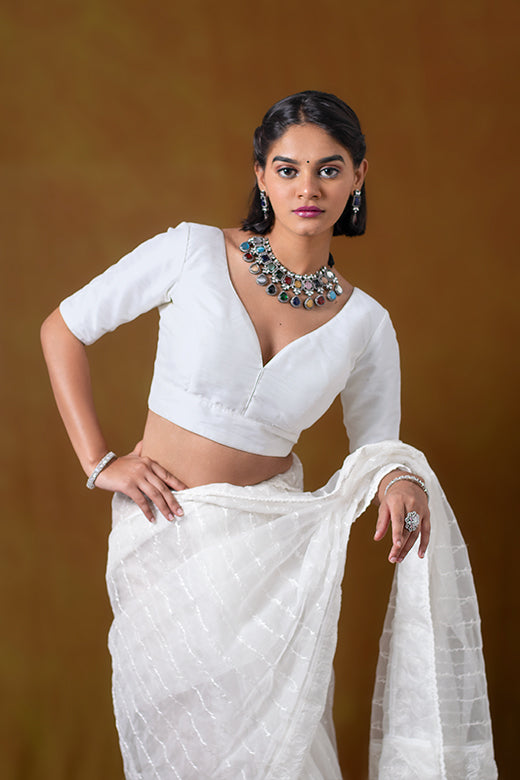 White Blouse in Art Silk with Half Sleeves and Sweetheart Neckline