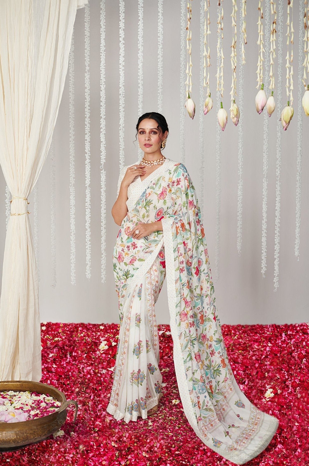 White Bright Moss Saree With Printed