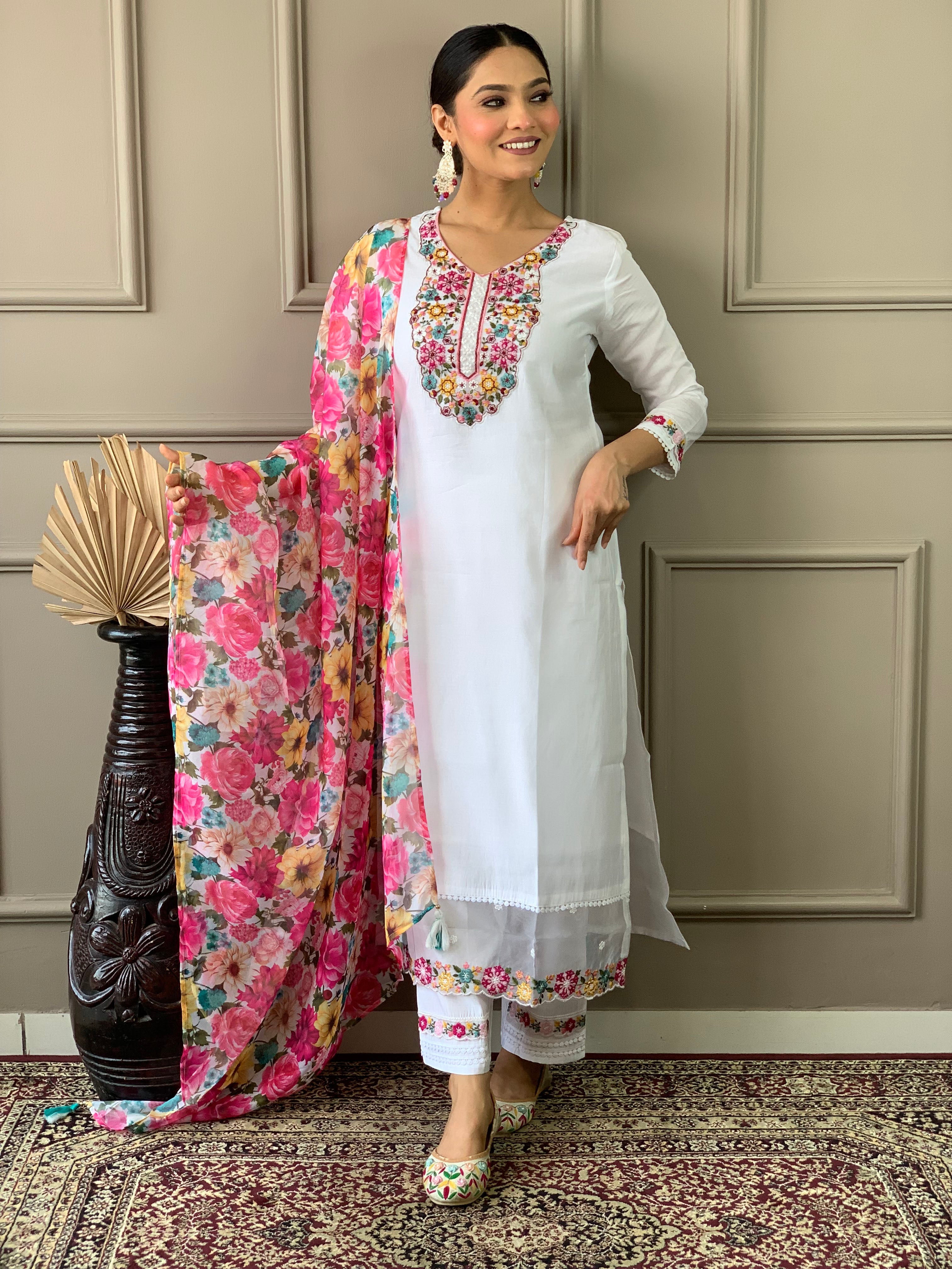White Chanderi Elegant Kurta Pant Set With Thread Work