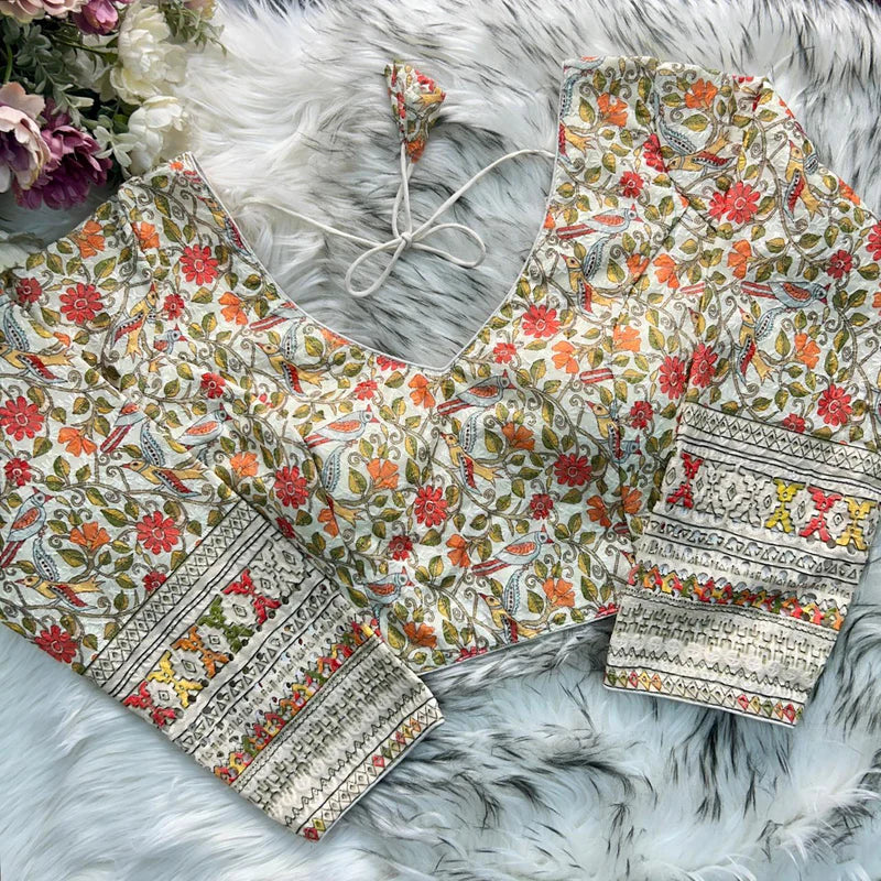 White Chikankari Work with Kalamkari Print Long Sleeve Blouse in Roman Silk