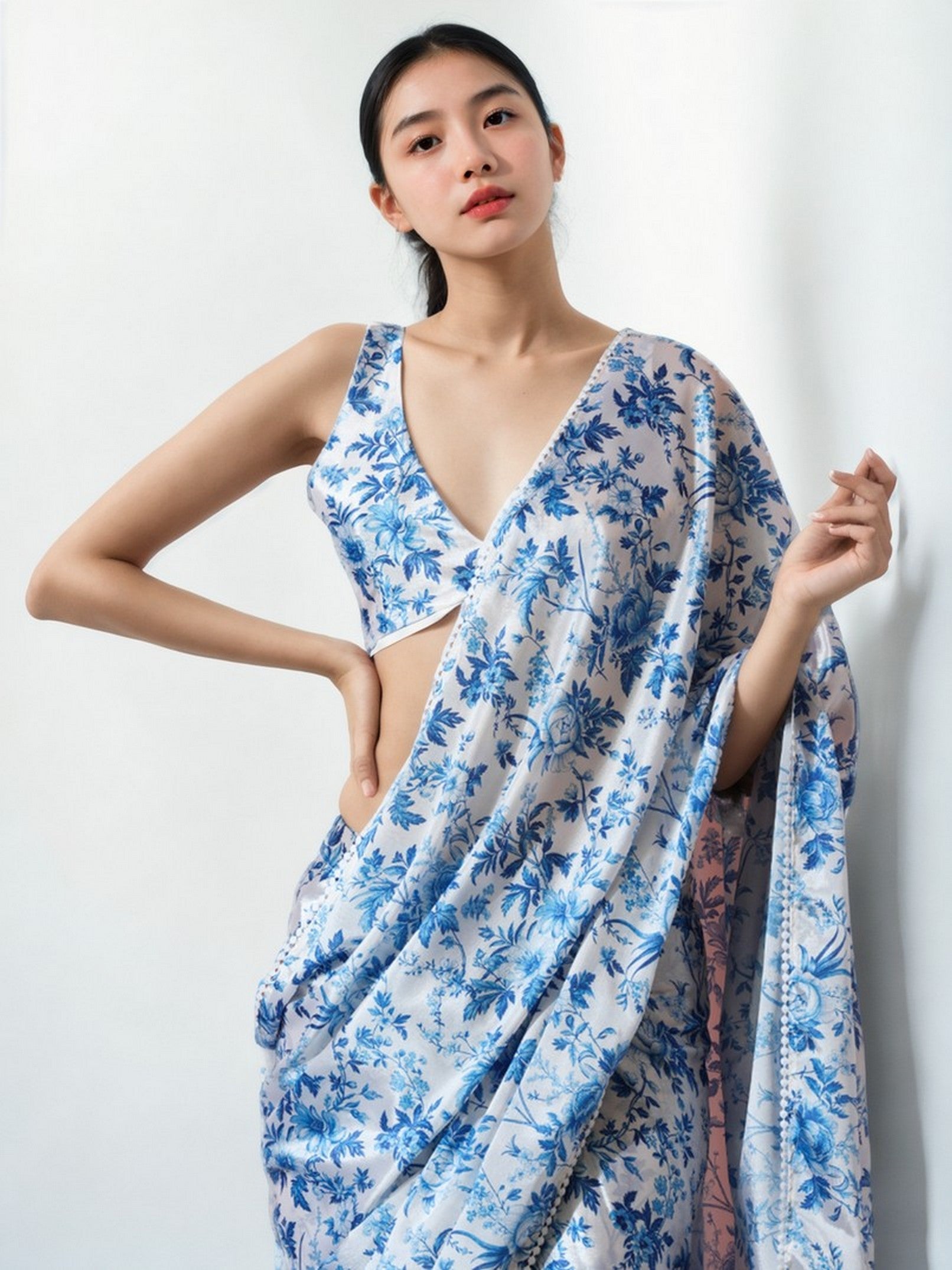 White Chinnon Partywear Printed Girlie Ready To Wear Saree