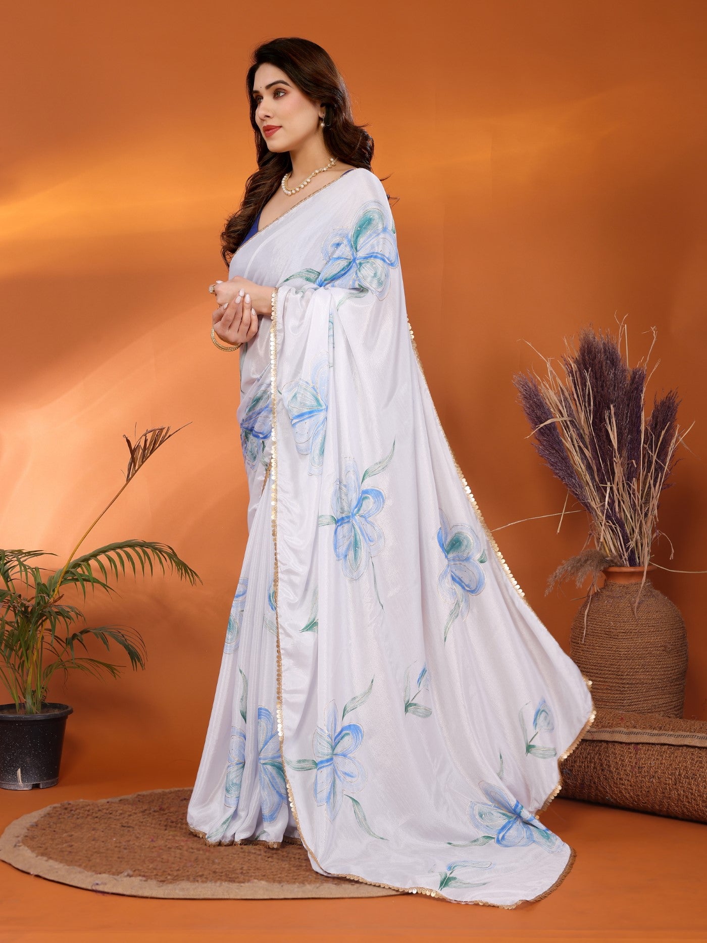 White Chinon Chiffon Saree With Printed Design And Foil Work